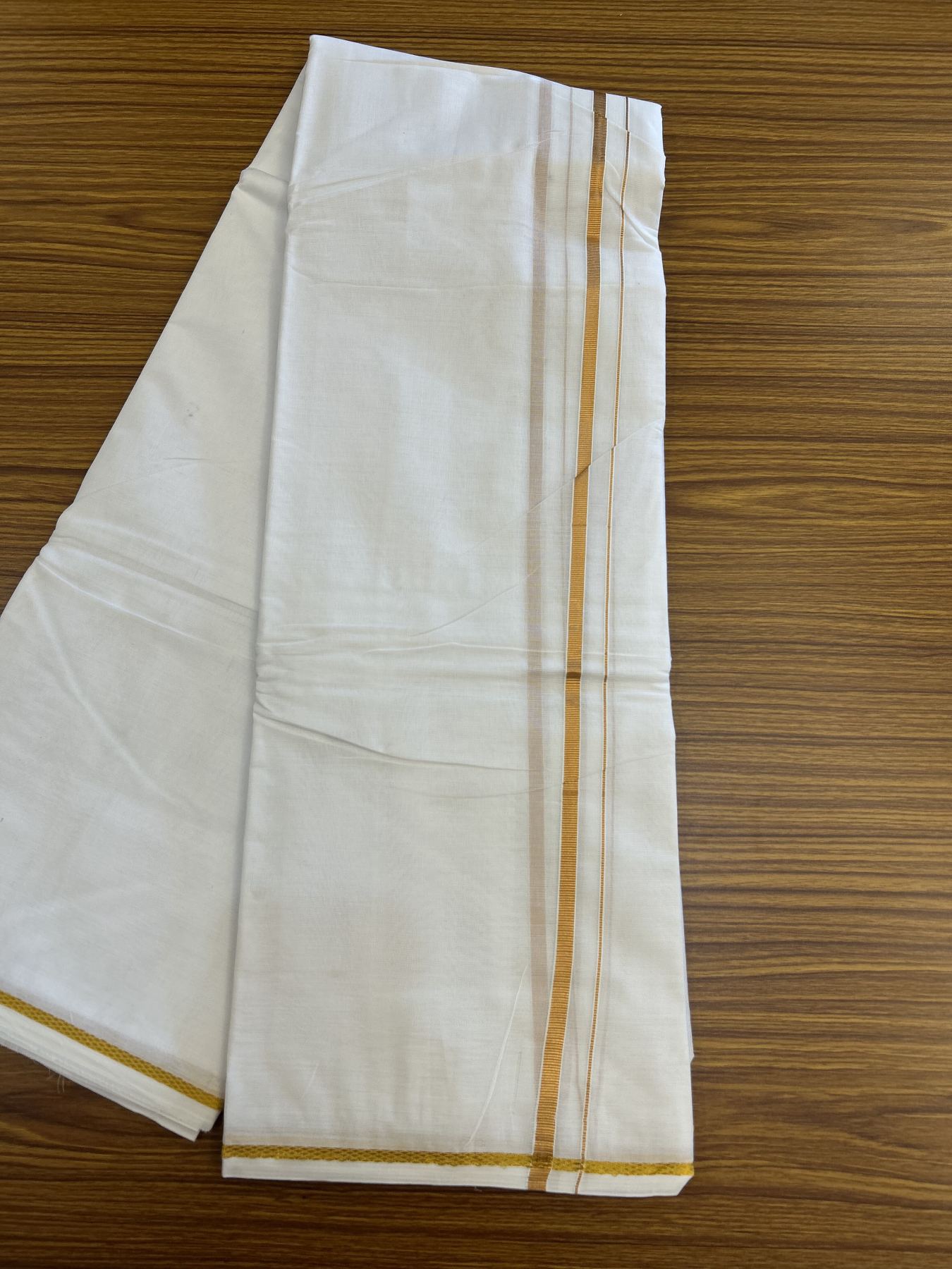 Panchakacham Dhoti - 20% Discount! Kaitharikada Balaramapuram Mixed Cotton Pure White - 80X90 thread - North Iindian  Attached Gamcha - 9X5 Dhoti - 0.25 inch Gold Kasav border - 60 KK8305 PMC