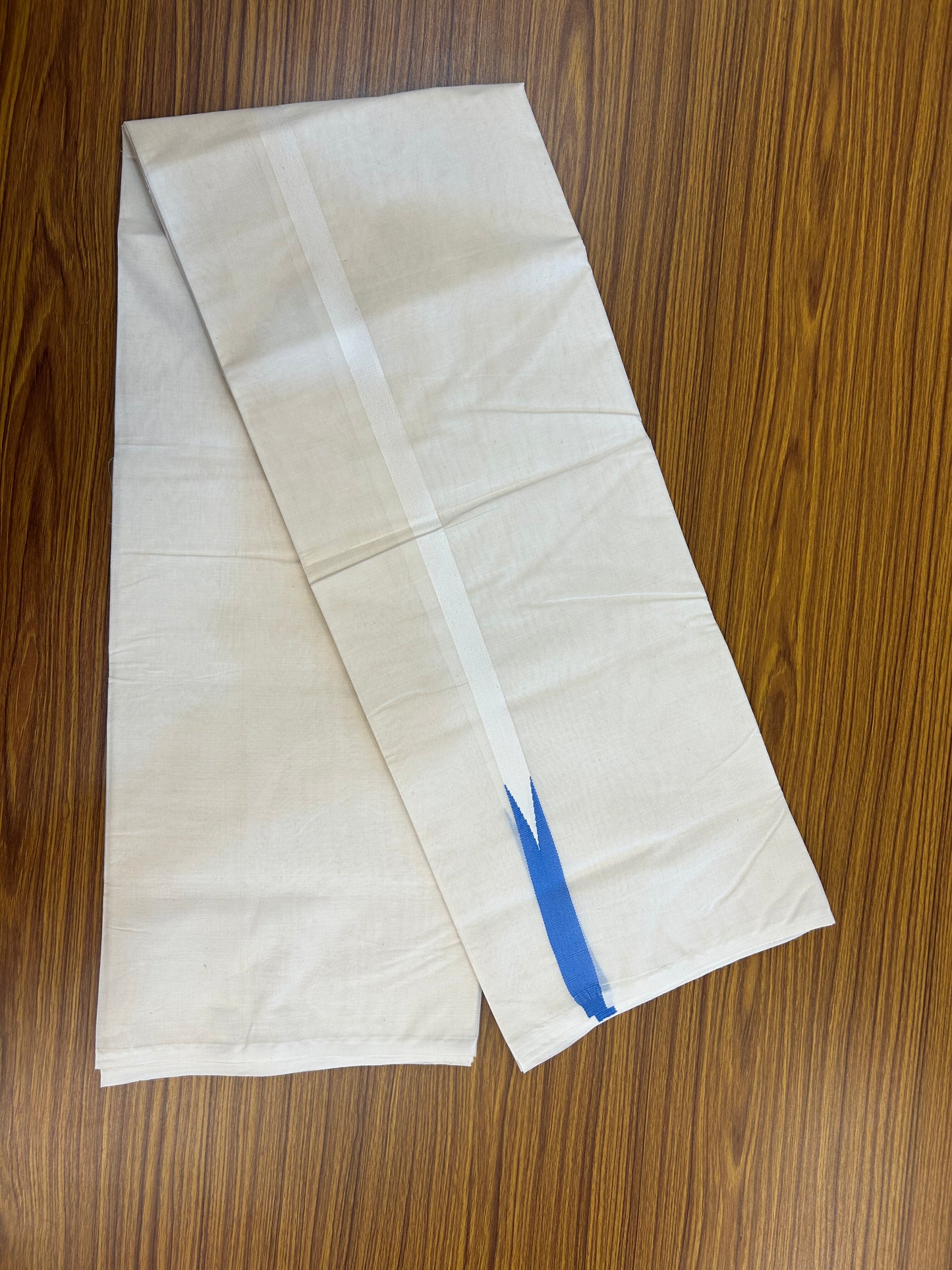 20% Discount!! KaithariKada Balaramapuram 100% Cotton Off White Double - (Unbleached) Mundu/Dhoti- 100x100 - 0.75 Inch Puliyilakkara Blue Chutty Kara - 4 mtr (8.5 muzham) - 7 KK5378 ASH