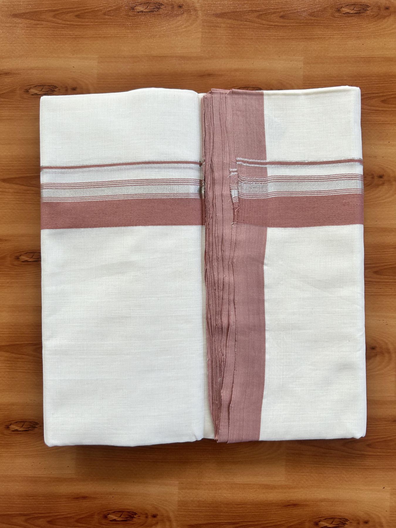 Double Off White (Unbleached) Mundu/Dhoti - 25% Discount! KaithariKada Handloom Unakkupaav Kerala Handloom - Pure Cotton - 80x90 - 1.25 Inch Silver Kasav & Dusty Peach Striped Kara 4.50 Mtr (10 Muzham) - 30 KK5438 YAR