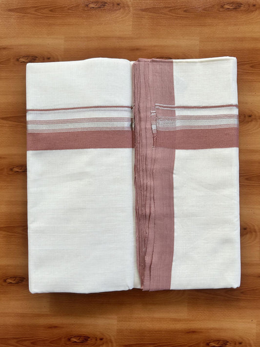 Double Off White (Unbleached) Mundu/Dhoti - 25% Discount! KaithariKada Handloom Unakkupaav Kerala Handloom - Pure Cotton - 80x90 - 1.25 Inch Silver Kasav & Dusty Peach Striped Kara 4.50 Mtr (10 Muzham) - 30 KK5438 YAR