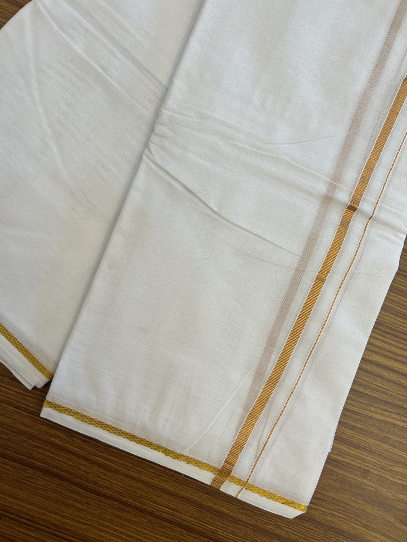 Panchakacham Dhoti - 20% Discount! Kaitharikada Balaramapuram Mixed Cotton Pure White - 80X90 thread - North Iindian  Attached Gamcha - 9X5 Dhoti - 0.25 inch Gold Kasav border - 60 KK8305 PMC