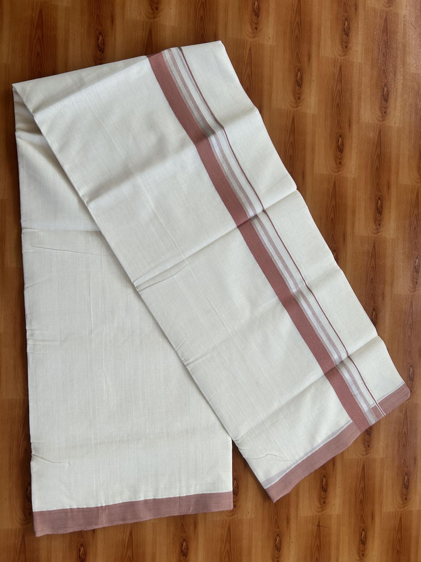 Double Off White (Unbleached) Mundu/Dhoti - 25% Discount! KaithariKada Handloom Unakkupaav Kerala Handloom - Pure Cotton - 80x90 - 1.25 Inch Silver Kasav & Dusty Peach Striped Kara 4.50 Mtr (10 Muzham) - 30 KK5438 YAR