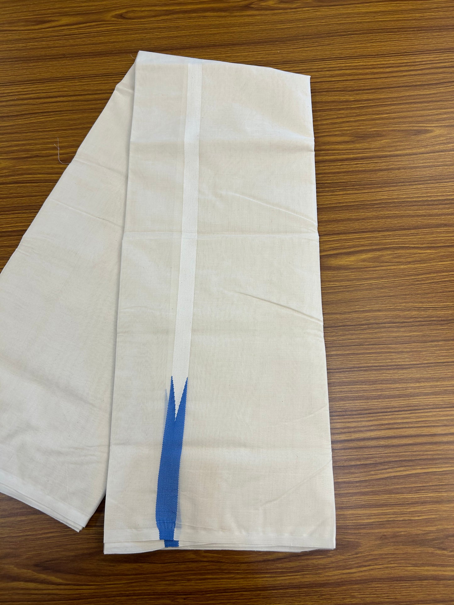 20% Discount!! KaithariKada Balaramapuram 100% Cotton Off White Double - (Unbleached) Mundu/Dhoti- 100x100 - 0.75 Inch Puliyilakkara Blue Chutty Kara - 4 mtr (8.5 muzham) - 7 KK5378 ASH