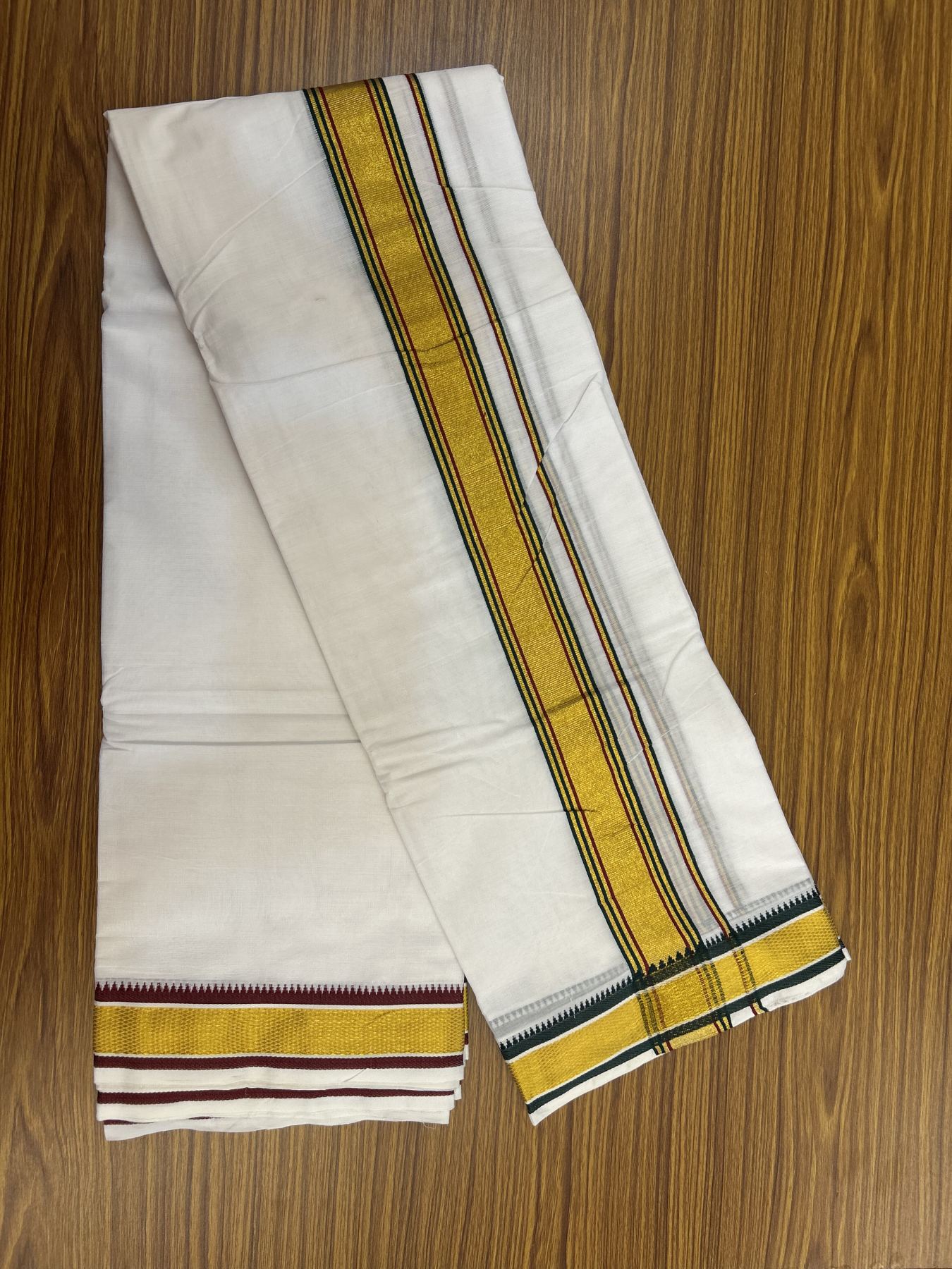 Panchakacham Dhoti - 20% Discount! KaithariKada Mixed Cotton Pure White - 80X90 thread - North Indian - Attached Gamcha - 10X6 Dhoti - 2 inch Dark Green & Maroon Gold Kasav kara - 67 KK8305 PMC