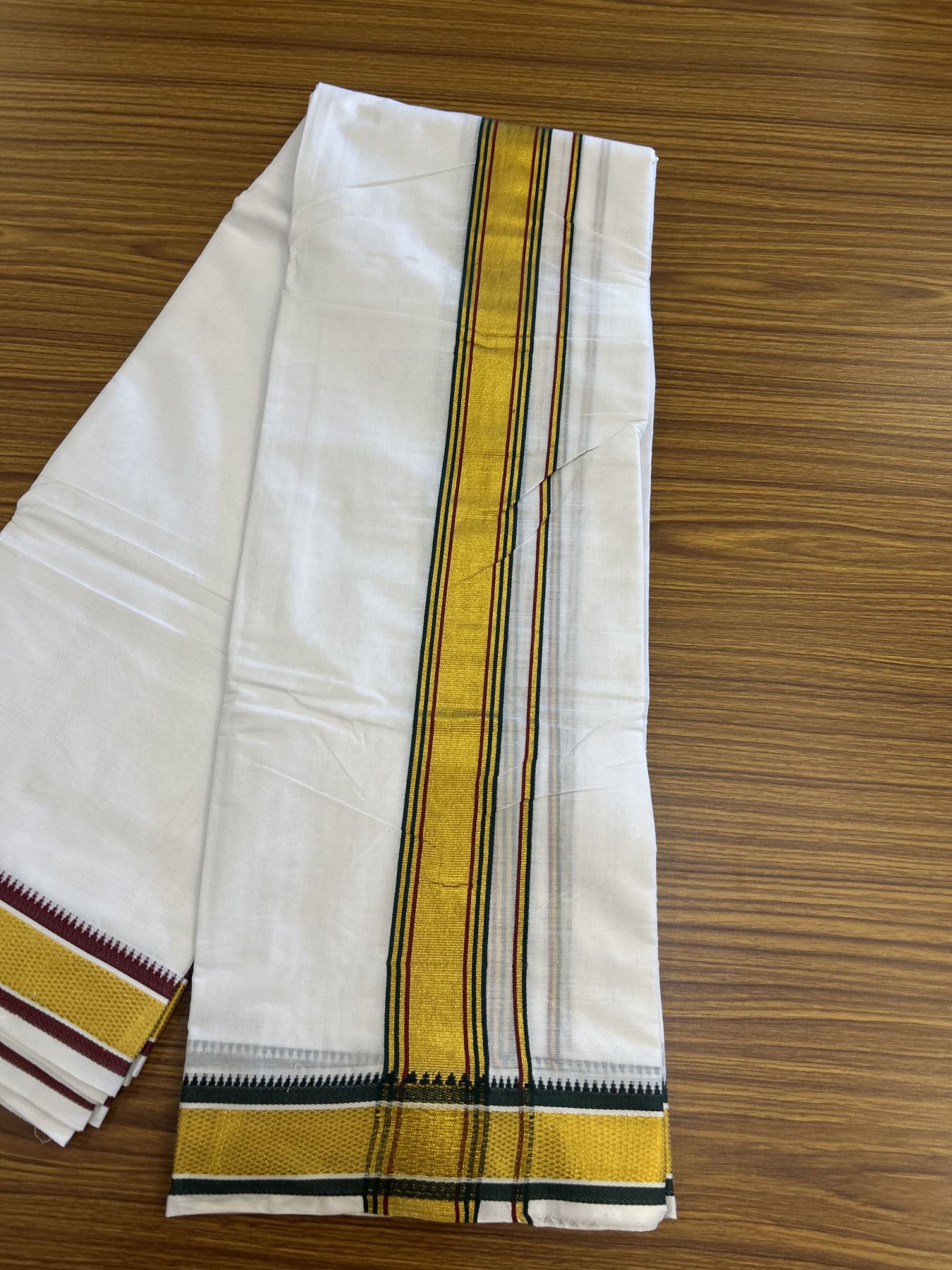 Panchakacham Dhoti - 20% Discount! KaithariKada Mixed Cotton Pure White - 80X90 thread - North Indian - Attached Gamcha - 10X6 Dhoti - 2 inch Dark Green & Maroon Gold Kasav kara - 67 KK8305 PMC