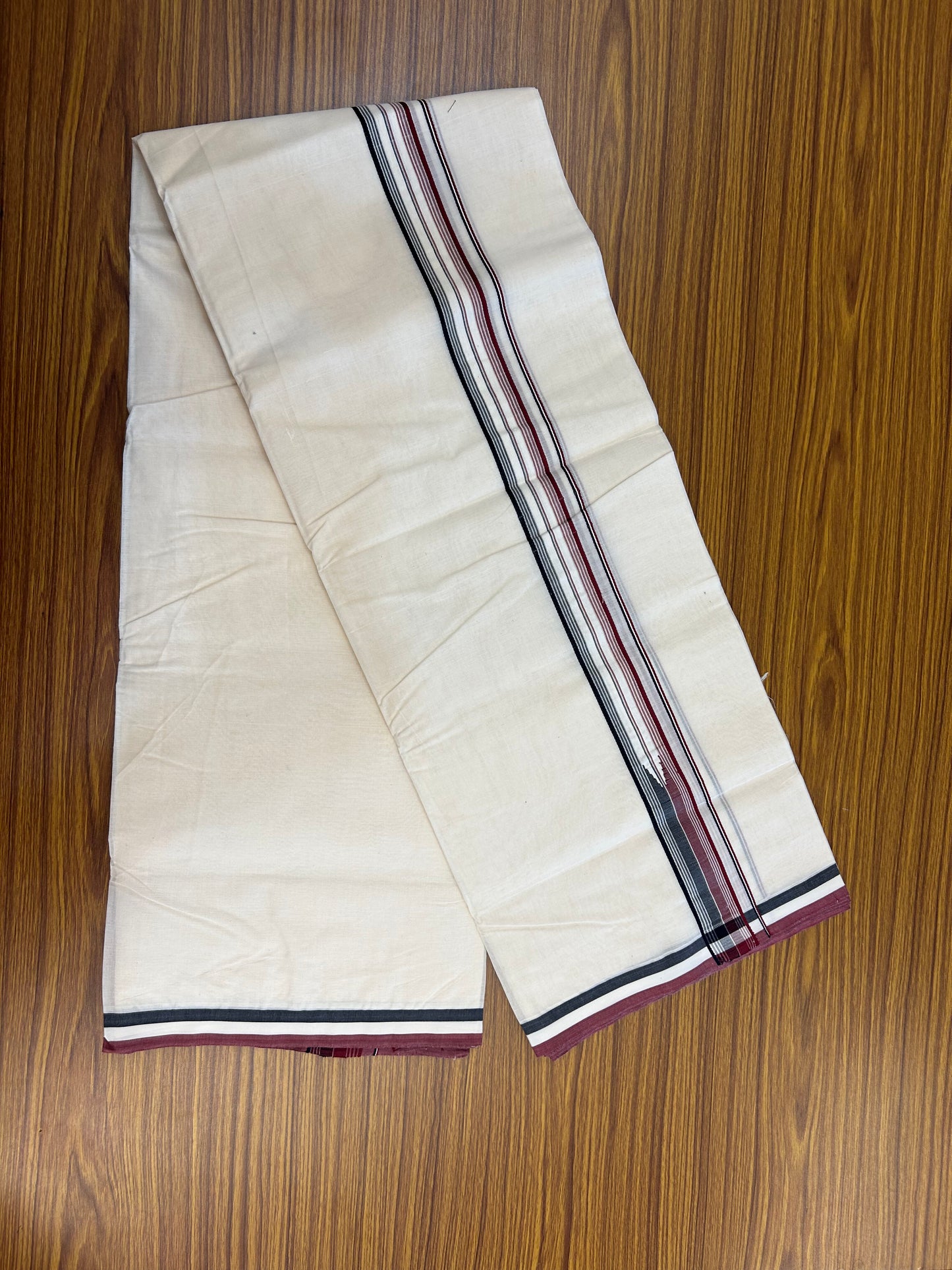 Admk Veshti 20% Discount !! Kaitharikada Balaramapuram Double Off white - (Unbleached) Mundu/Dhoti - 100X100 - 1.25 inch Puliyilakkara Maroon & Black Striped Chutty Kara - 10 KK5378 ASH
