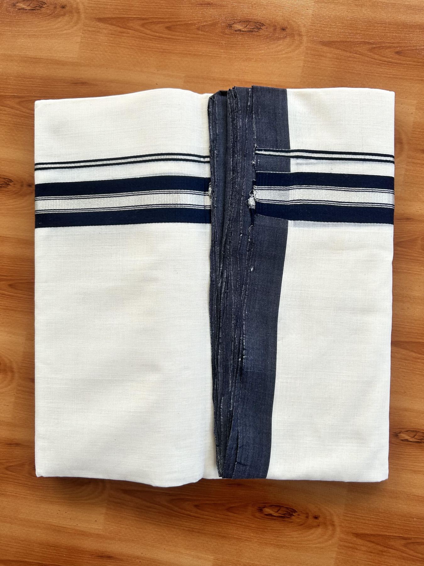 Double Off White (Unbleached) Mundu/Dhoti - 25% Discount! KaithariKada Handloom Unakkupaav Kerala Handloom - Pure Cotton - 80x90 - 1.25 Inch Silver Kasav & Navy Blue Striped Kara 4.50 Mtr (10 Muzham) - 33 KK5438 YAR