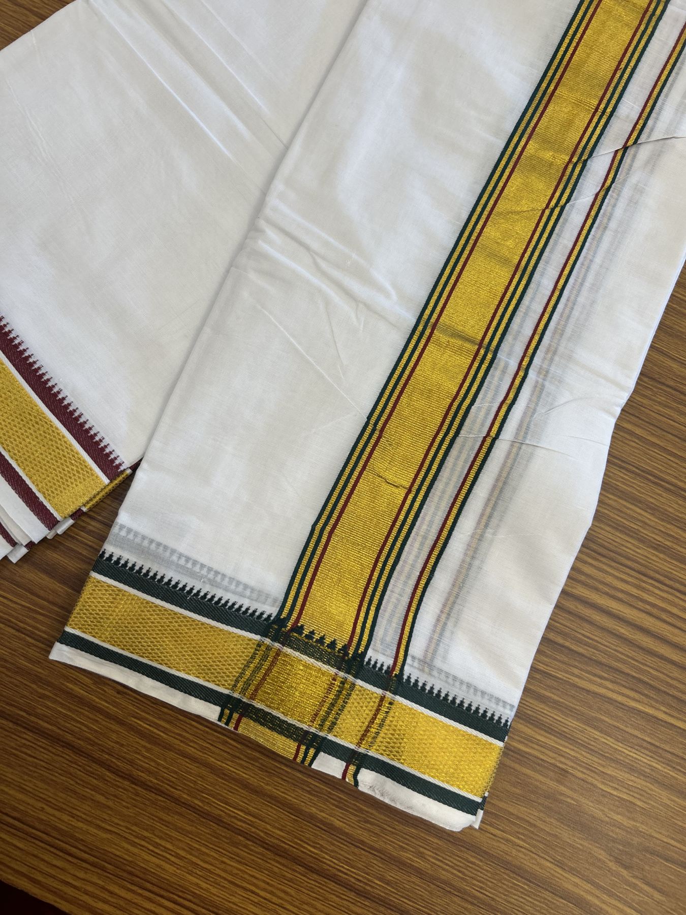 Panchakacham Dhoti - 20% Discount! KaithariKada Mixed Cotton Pure White - 80X90 thread - North Indian - Attached Gamcha - 10X6 Dhoti - 2 inch Dark Green & Maroon Gold Kasav kara - 67 KK8305 PMC