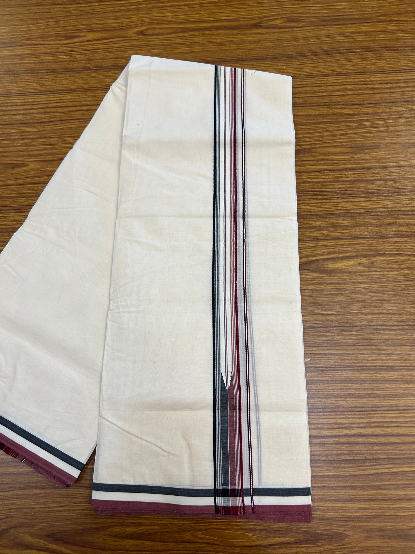 Admk Veshti 20% Discount !! Kaitharikada Balaramapuram Double Off white - (Unbleached) Mundu/Dhoti - 100X100 - 1.25 inch Puliyilakkara Maroon & Black Striped Chutty Kara - 10 KK5378 ASH