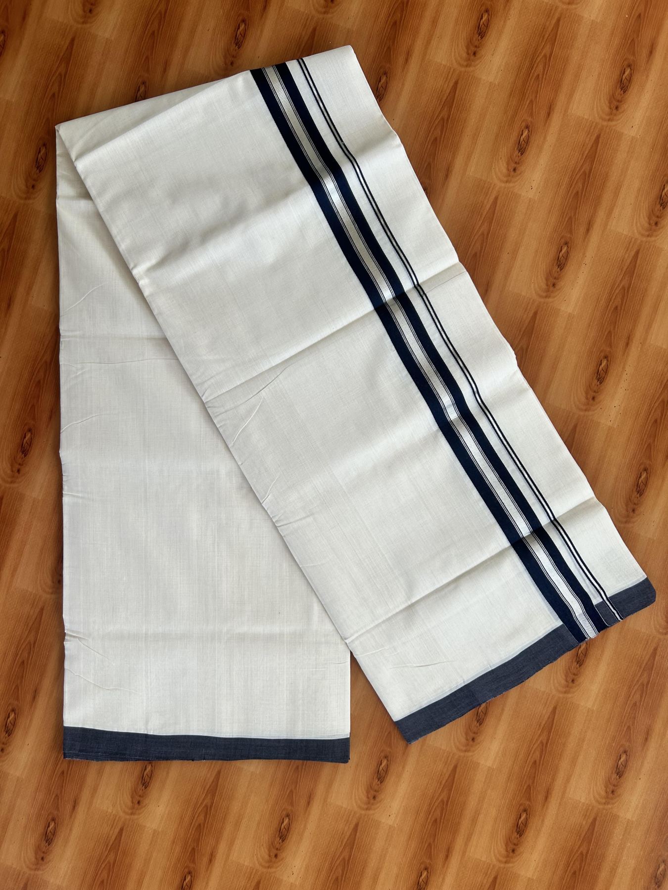 Double Off White (Unbleached) Mundu/Dhoti - 25% Discount! KaithariKada Handloom Unakkupaav Kerala Handloom - Pure Cotton - 80x90 - 1.25 Inch Silver Kasav & Navy Blue Striped Kara 4.50 Mtr (10 Muzham) - 33 KK5438 YAR