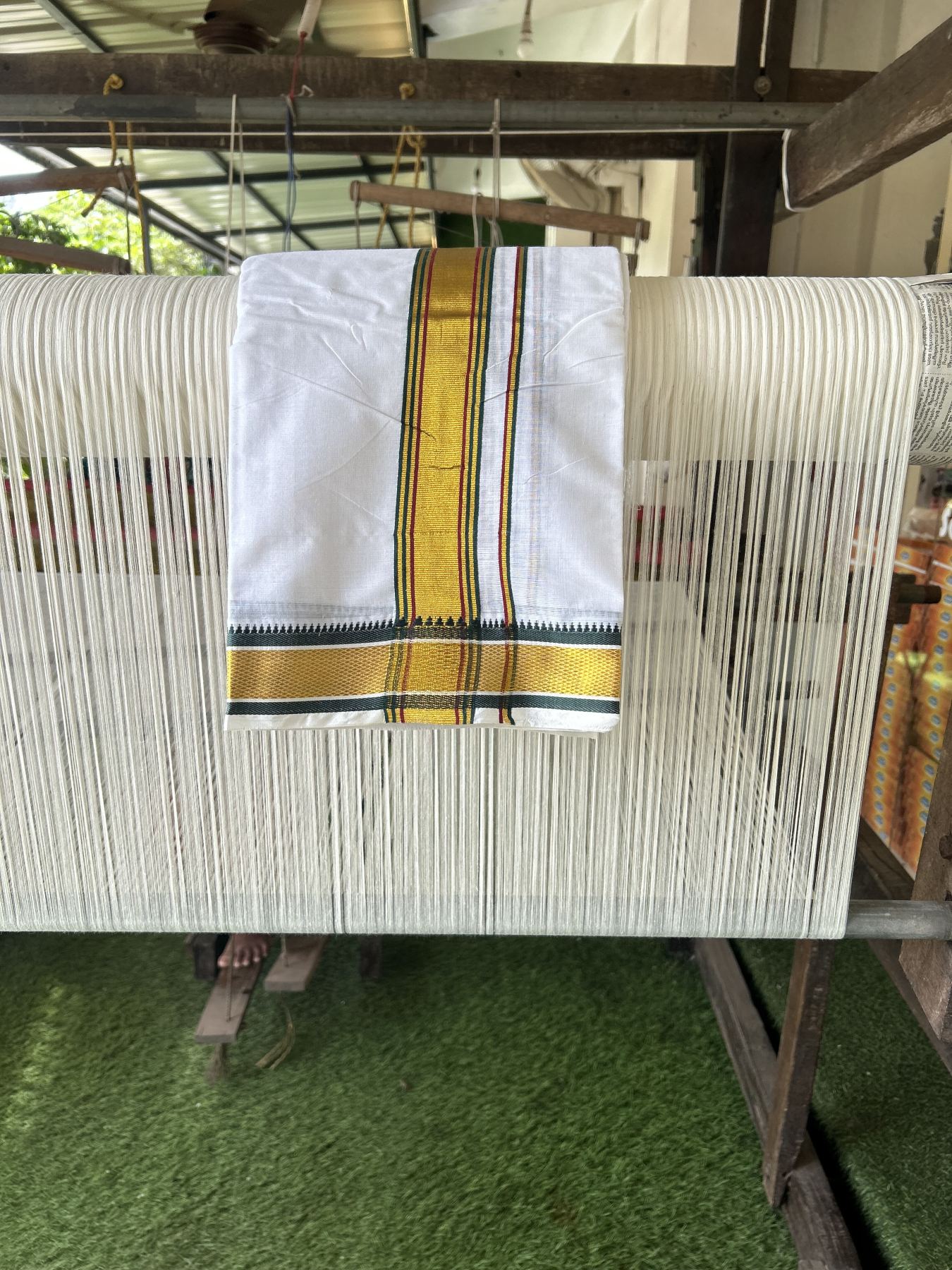 Panchakacham Dhoti - 20% Discount! KaithariKada Mixed Cotton Pure White - 80X90 thread - North Indian - Attached Gamcha - 10X6 Dhoti - 2 inch Dark Green & Maroon Gold Kasav kara - 67 KK8305 PMC