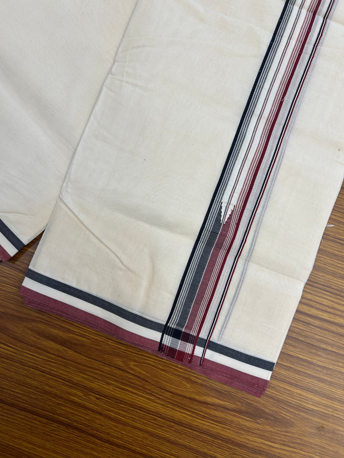 Admk Veshti 20% Discount !! Kaitharikada Balaramapuram Double Off white - (Unbleached) Mundu/Dhoti - 100X100 - 1.25 inch Puliyilakkara Maroon & Black Striped Chutty Kara - 10 KK5378 ASH