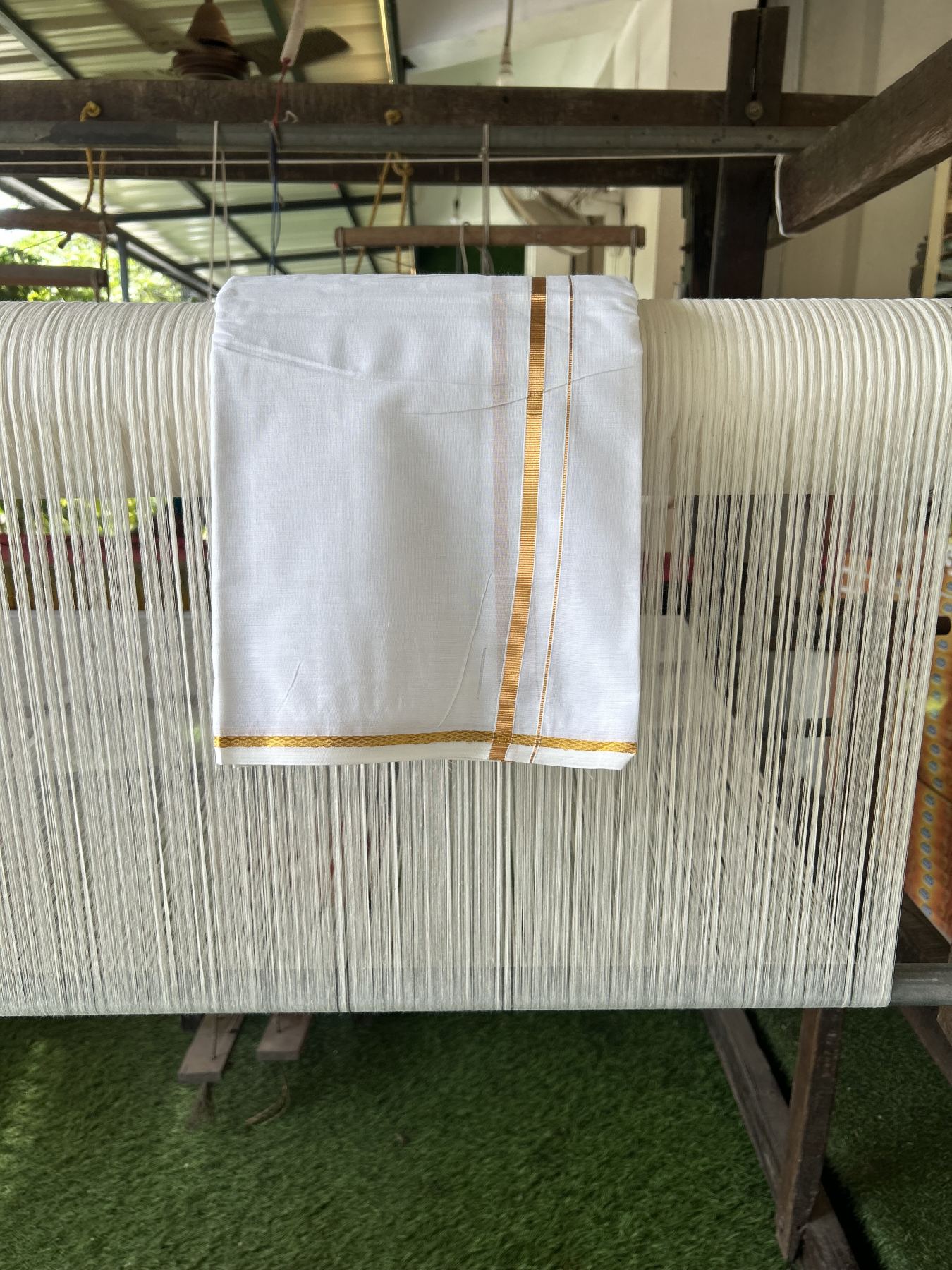 Panchakacham Dhoti - 20% Discount! Kaitharikada Balaramapuram Mixed Cotton Pure White - 80X90 thread - North Iindian  Attached Gamcha - 9X5 Dhoti - 0.25 inch Gold Kasav border - 60 KK8305 PMC