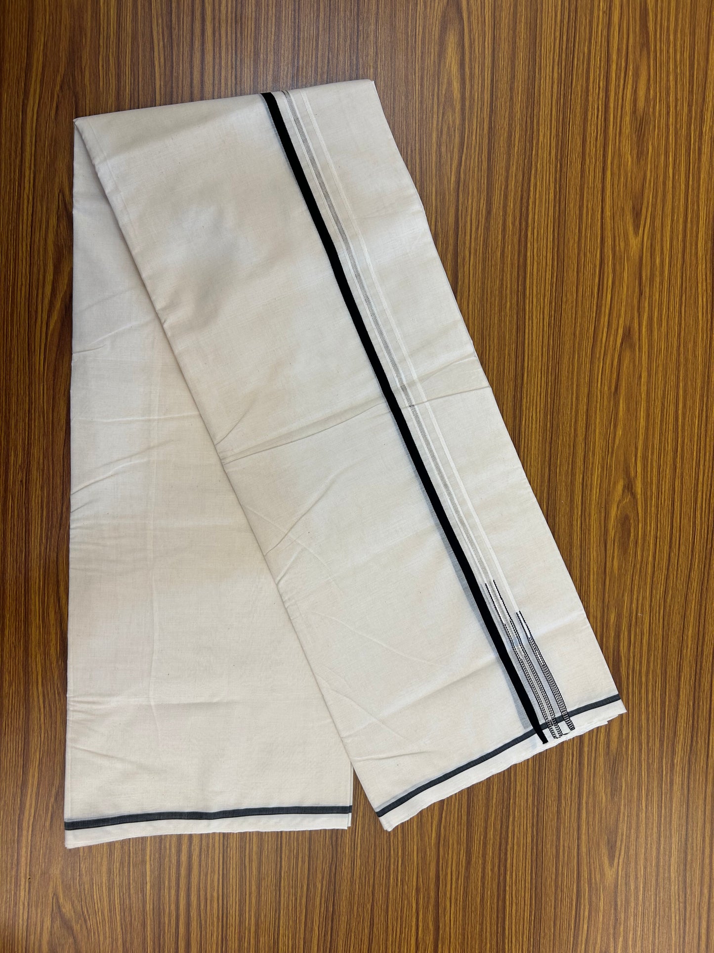 20% Discount! KaithariKada Balaramapuram 100% Cotton Off White Double (Unbleached) Mundu/Dhoti-100x100 - 1 cm Puliyilakkara Silver Kasav & Black Double Chutty Kara - 3 KK5378 ASH