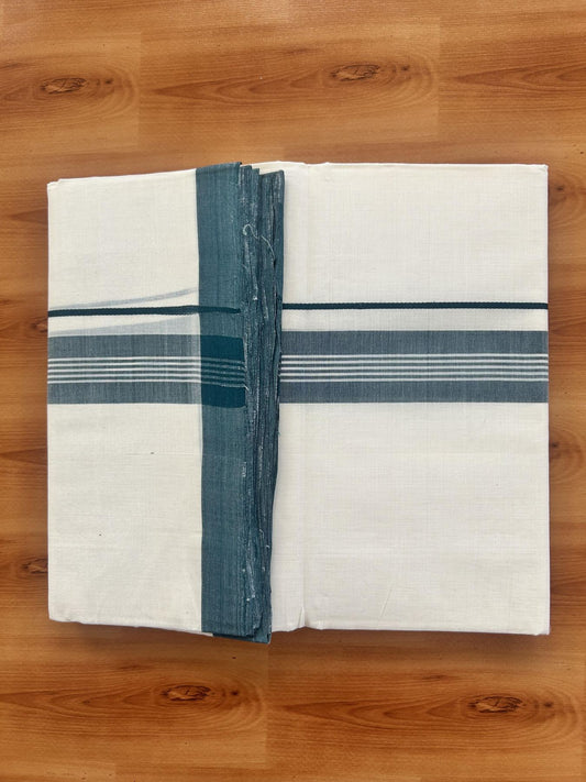 Double Off White (Unbleached) Mundu/Dhoti - 25% Discount! KaithariKada Handloom Unakkupaav - Kerala Handloom - Pure Cotton - 80x90 - 1.5 Inch Green Shaded Striped Kara 4 mtr (8.5 Muzham) - 1 KK5439 YAR