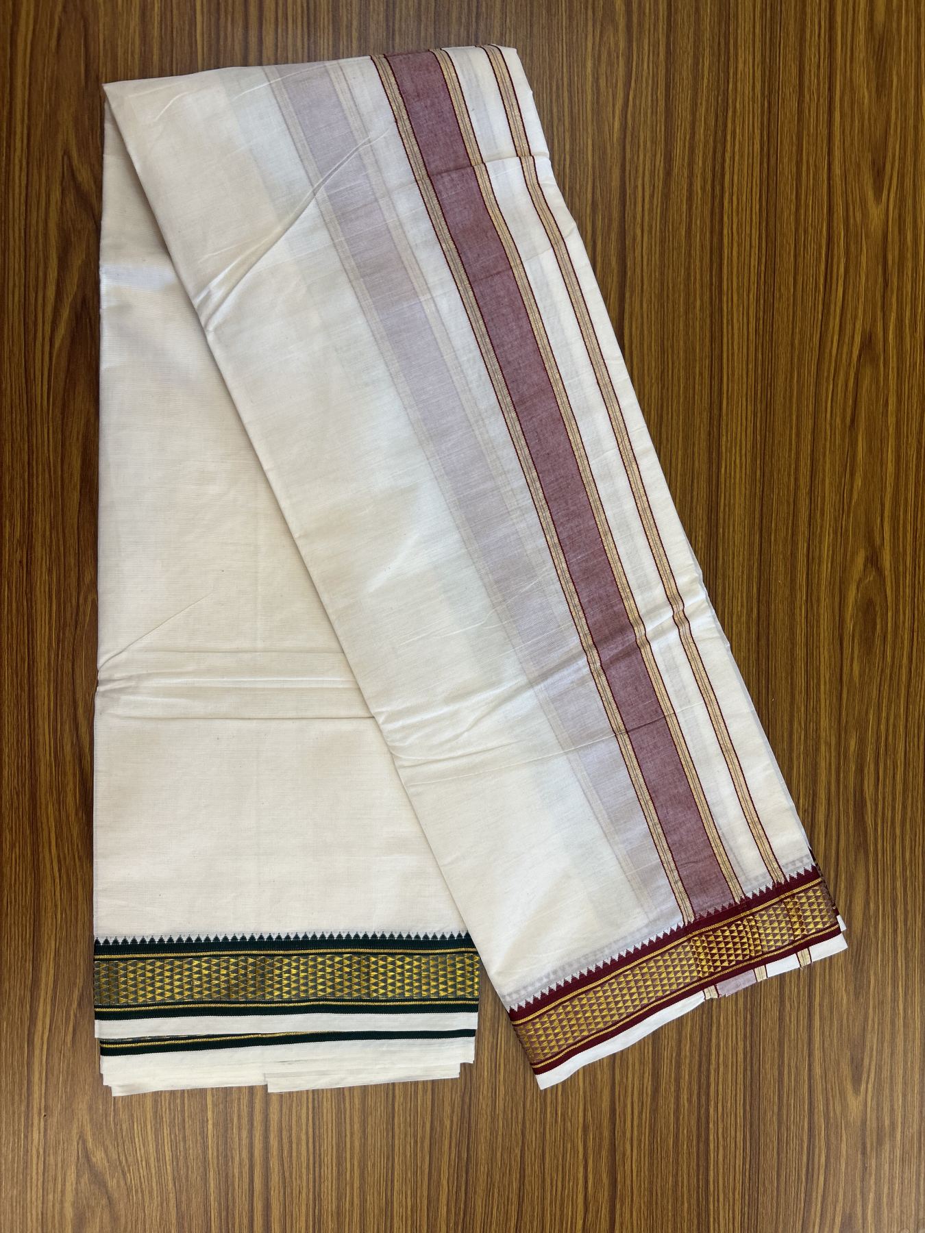 Panchakacham Dhoti - 20% Discount! Kaitharikada Balaramapuram Cotton Mix - Off White - (Unbleached) 80X90 thread - North Iindian - Attached Gamcha - 9x5 Dhoti - 1.75 inch Gold kasav Maroon & Green kara - 6 KK8305 PMC
