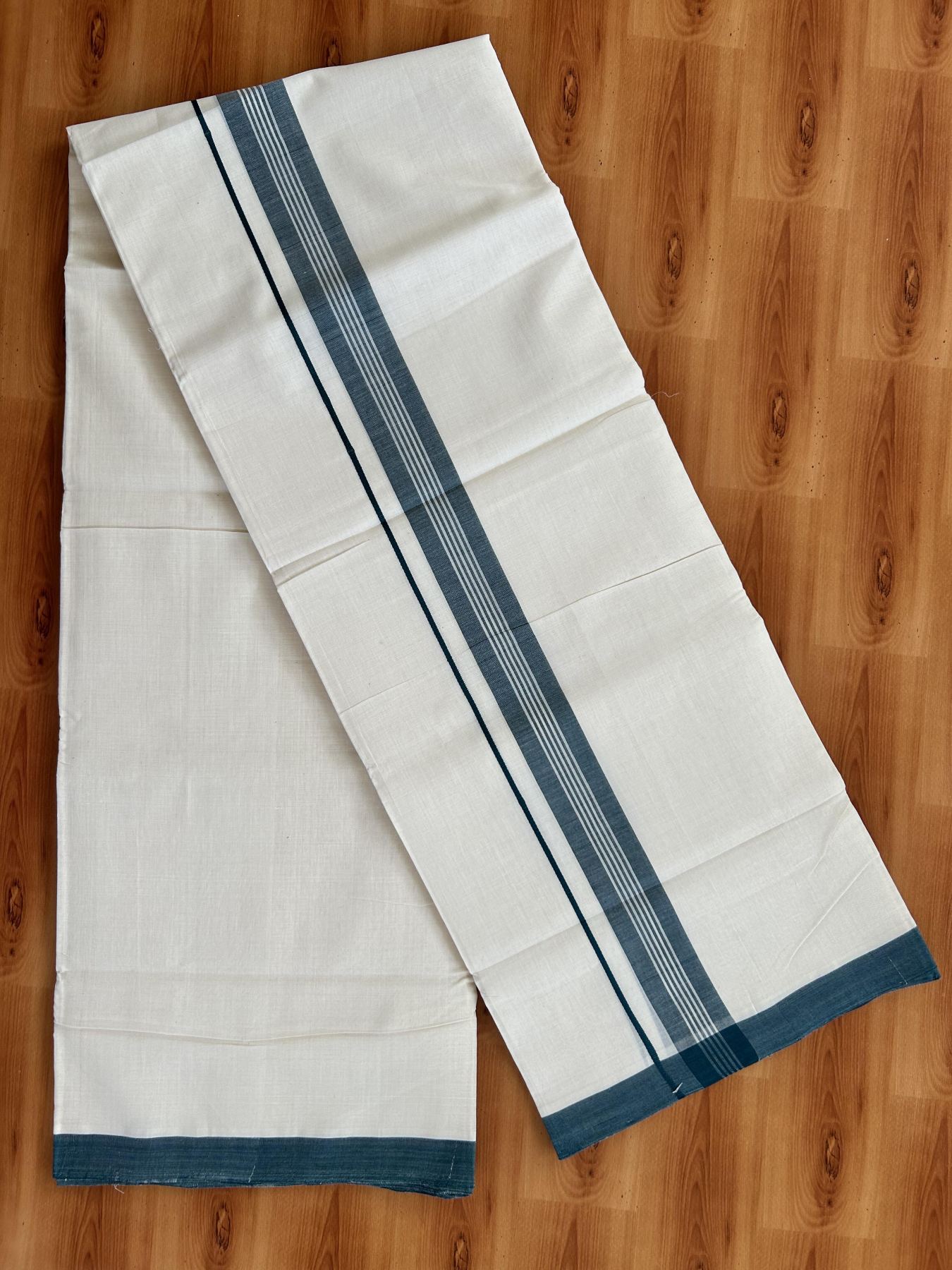 Double Off White (Unbleached) Mundu/Dhoti - 25% Discount! KaithariKada Handloom Unakkupaav - Kerala Handloom - Pure Cotton - 80x90 - 1.5 Inch Green Shaded Striped Kara 4 mtr (8.5 Muzham) - 1 KK5439 YAR