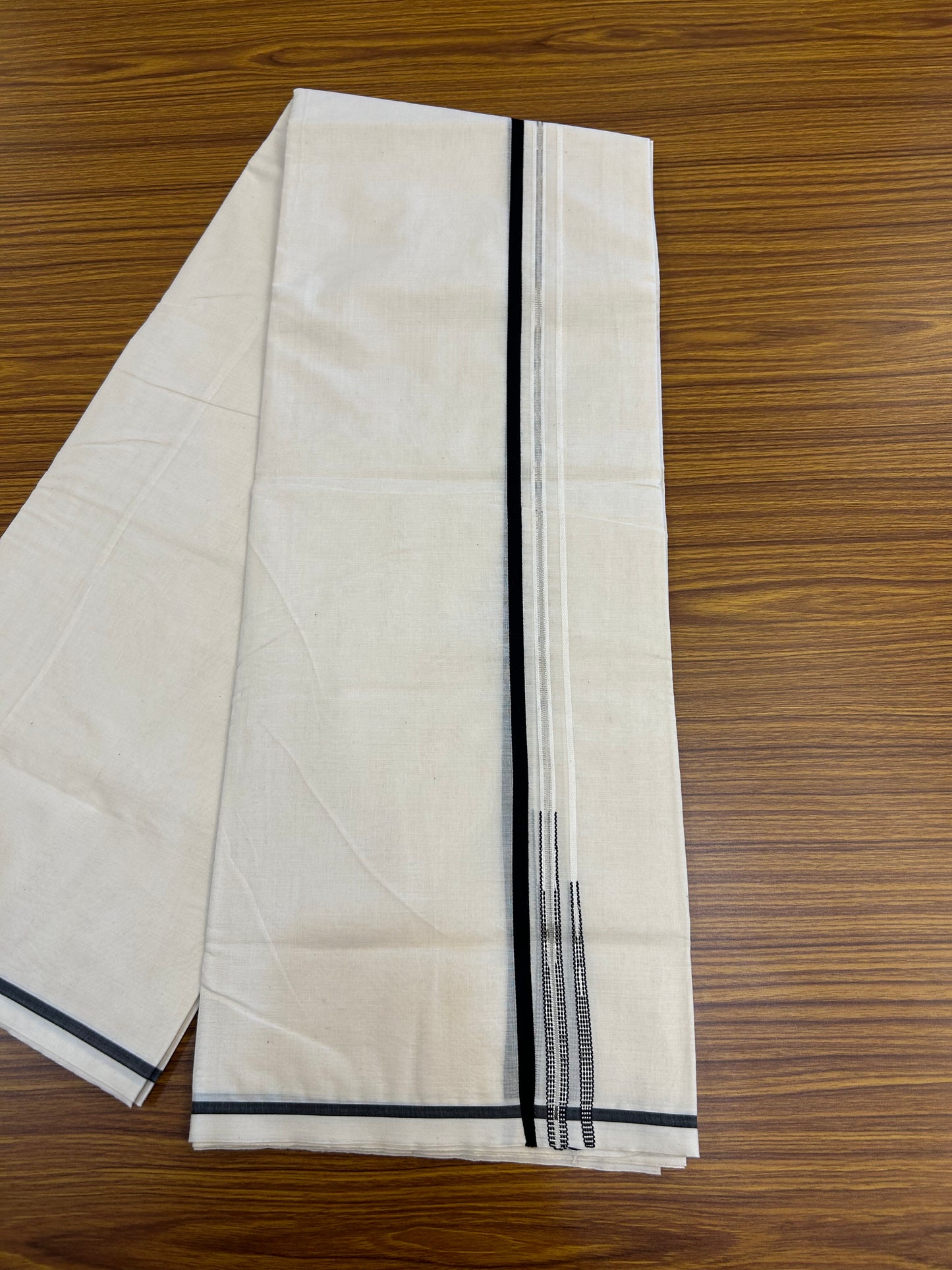 20% Discount! KaithariKada Balaramapuram 100% Cotton Off White Double (Unbleached) Mundu/Dhoti-100x100 - 1 cm Puliyilakkara Silver Kasav & Black Double Chutty Kara - 3 KK5378 ASH