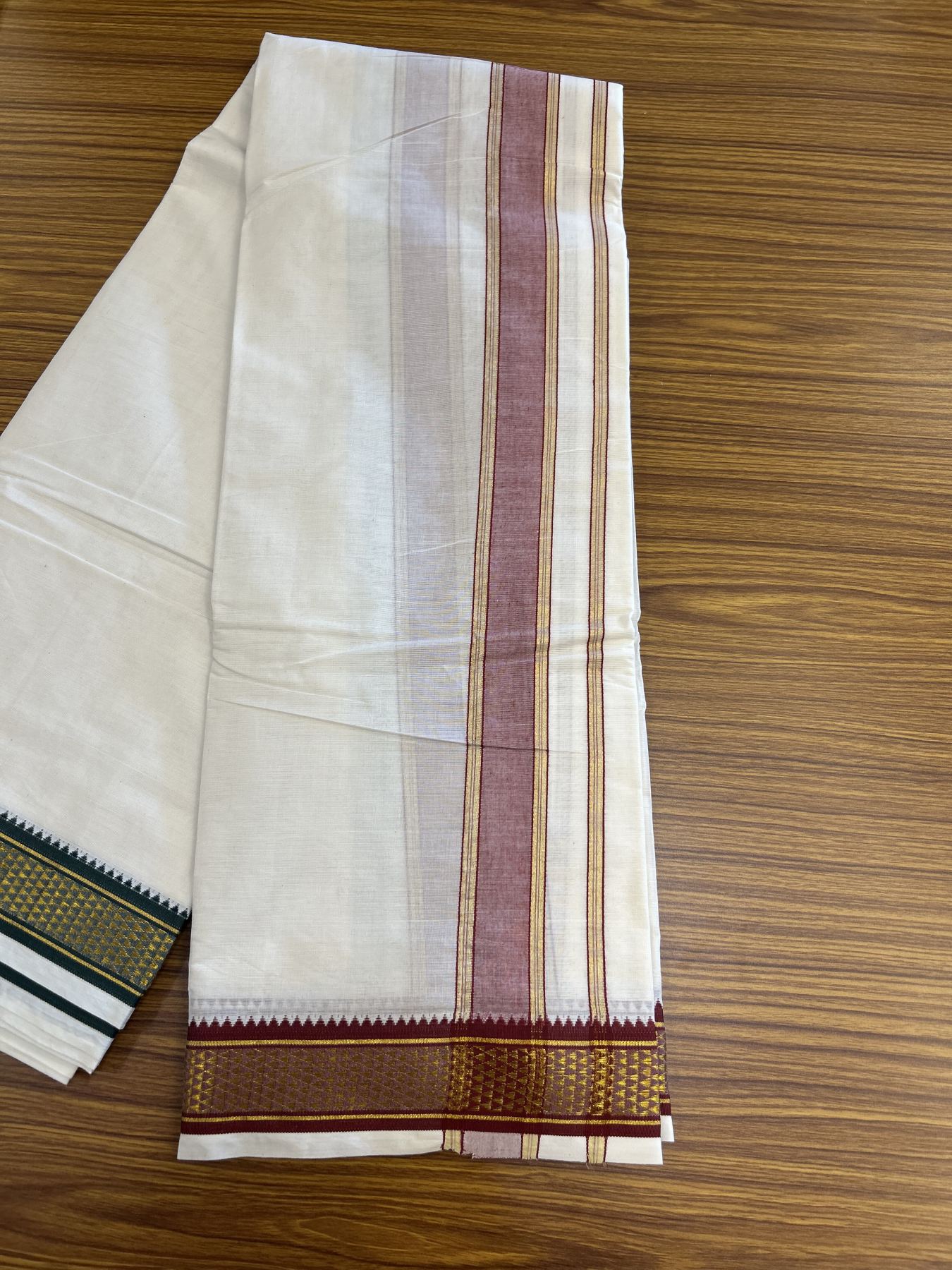 Panchakacham Dhoti - 20% Discount! Kaitharikada Balaramapuram Cotton Mix - Off White - (Unbleached) 80X90 thread - North Iindian - Attached Gamcha - 9x5 Dhoti - 1.75 inch Gold kasav Maroon & Green kara - 6 KK8305 PMC