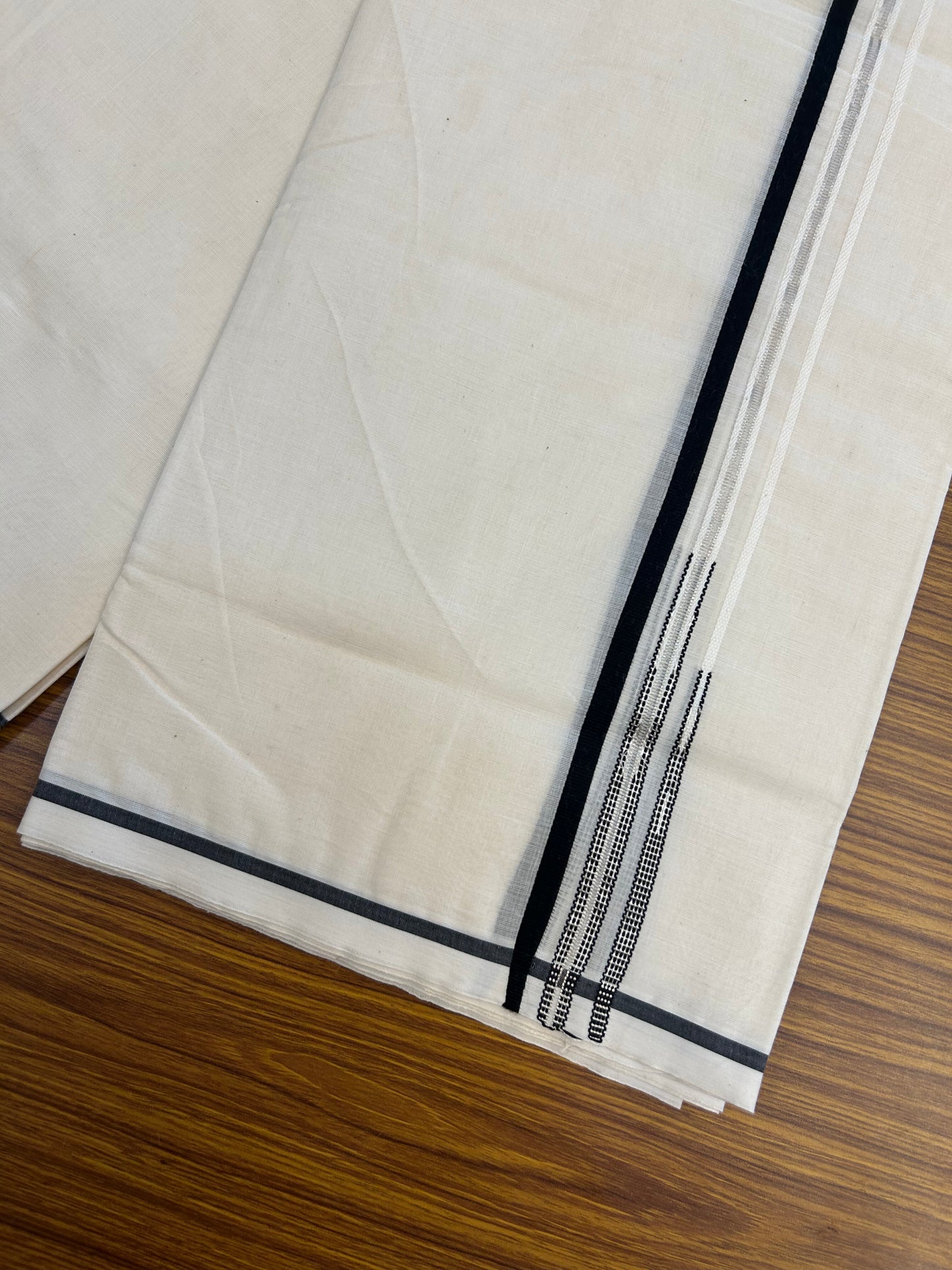 20% Discount! KaithariKada Balaramapuram 100% Cotton Off White Double (Unbleached) Mundu/Dhoti-100x100 - 1 cm Puliyilakkara Silver Kasav & Black Double Chutty Kara - 3 KK5378 ASH