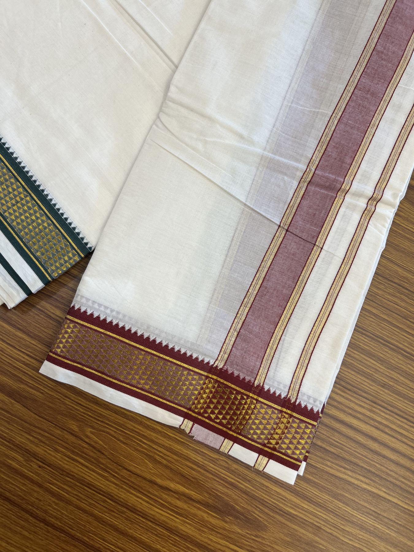 Panchakacham Dhoti - 20% Discount! Kaitharikada Balaramapuram Cotton Mix - Off White - (Unbleached) 80X90 thread - North Iindian - Attached Gamcha - 9x5 Dhoti - 1.75 inch Gold kasav Maroon & Green kara - 6 KK8305 PMC