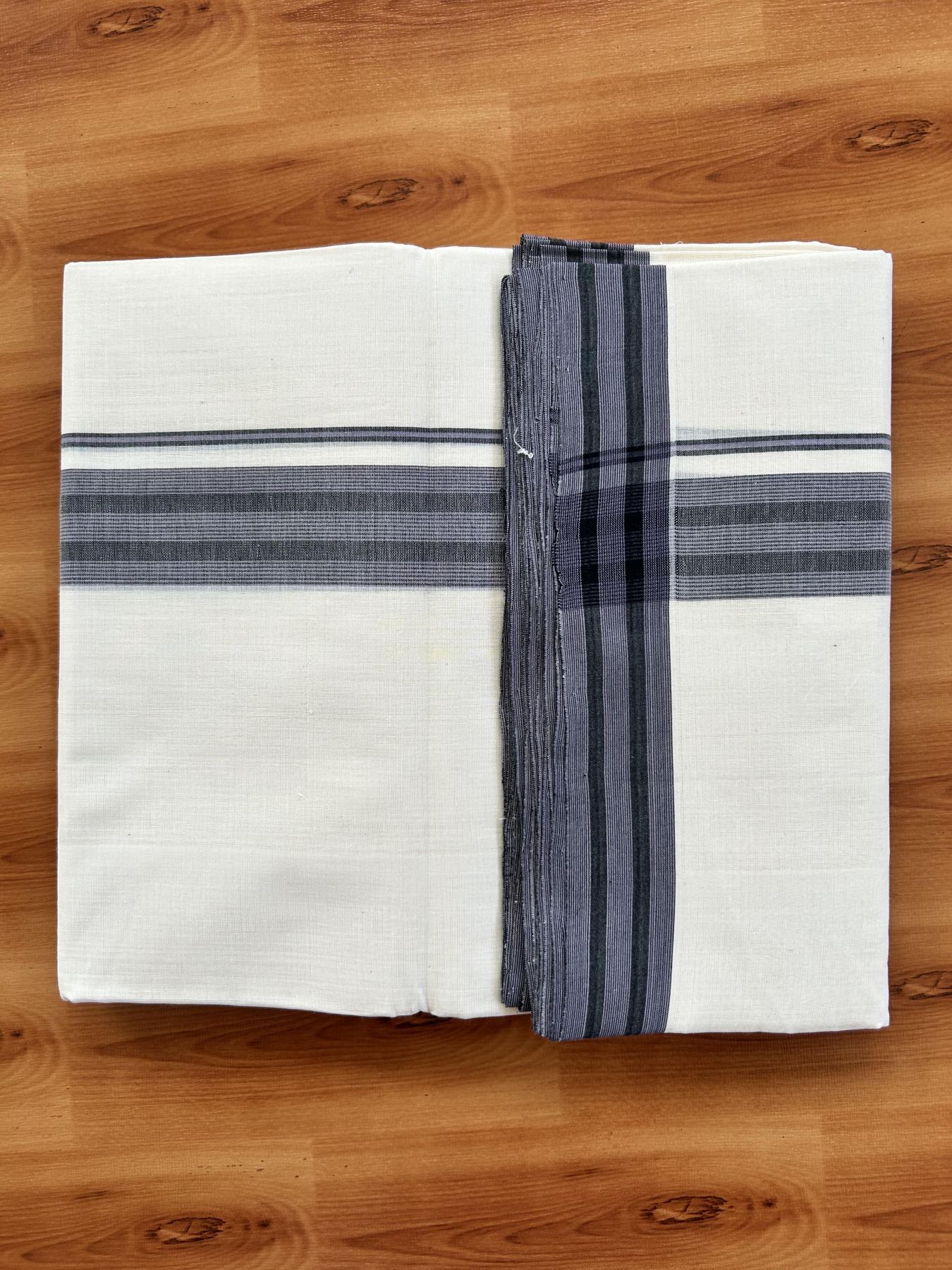 Double Off White (Unbleached) Mundu/Dhoti - 25% Discount! KaithariKada Handloom Unakkupaav - Kerala Handloom - Pure Cotton - 80x90 - 1.25 Inch Lavender & Black Shaded Striped Kara 4 mtr (8.5 Muzham) - 3 KK5439 YAR