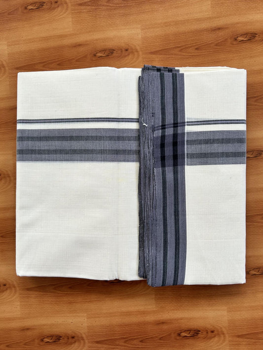 Double Off White (Unbleached) Mundu/Dhoti - 25% Discount! KaithariKada Handloom Unakkupaav - Kerala Handloom - Pure Cotton - 80x90 - 1.25 Inch Lavender & Black Shaded Striped Kara 4 mtr (8.5 Muzham) - 3 KK5439 YAR