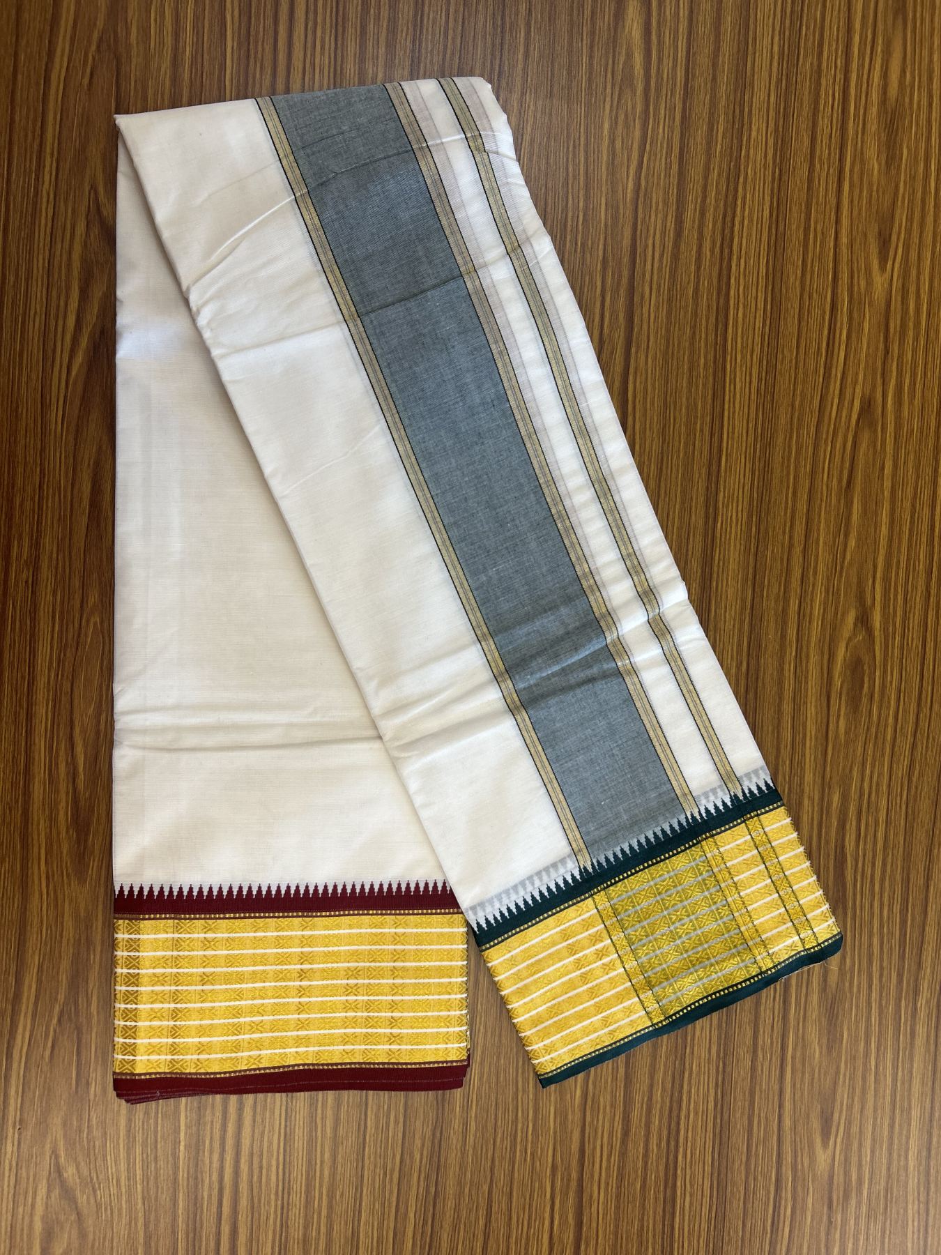 Panchakacham Dhoti - 20% Discount! KaithariKada Mixed Cotton Off White - (Unbleached) 80X90 thread - North Indian- Attached Gamcha - 9x5 Dhoti - 3.5 inch Green Gold Kasav Kara With Green ,Maroon & Gold Kasav Design border - 2 KK8305 PMC