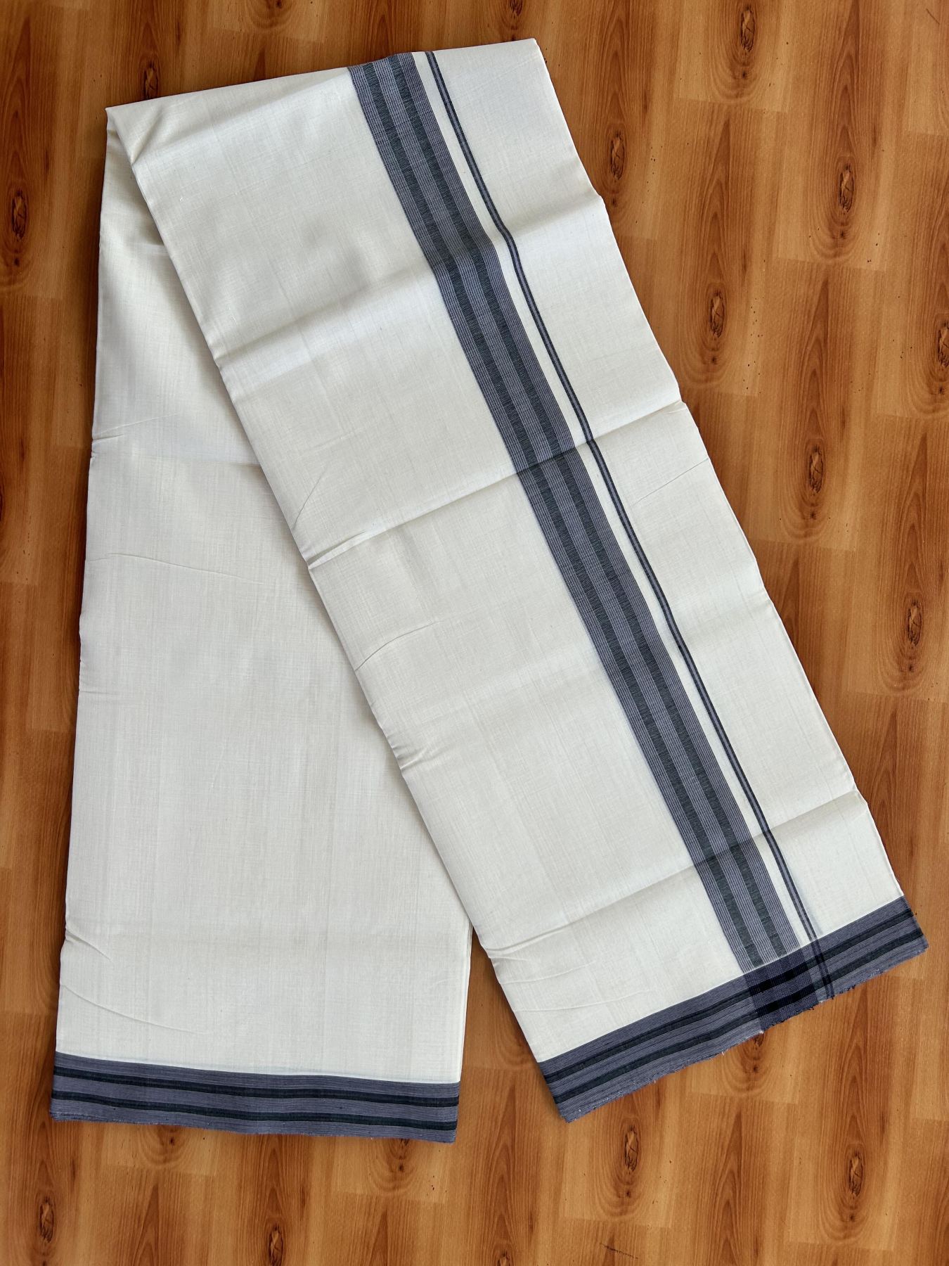 Double Off White (Unbleached) Mundu/Dhoti - 25% Discount! KaithariKada Handloom Unakkupaav - Kerala Handloom - Pure Cotton - 80x90 - 1.25 Inch Lavender & Black Shaded Striped Kara 4 mtr (8.5 Muzham) - 3 KK5439 YAR