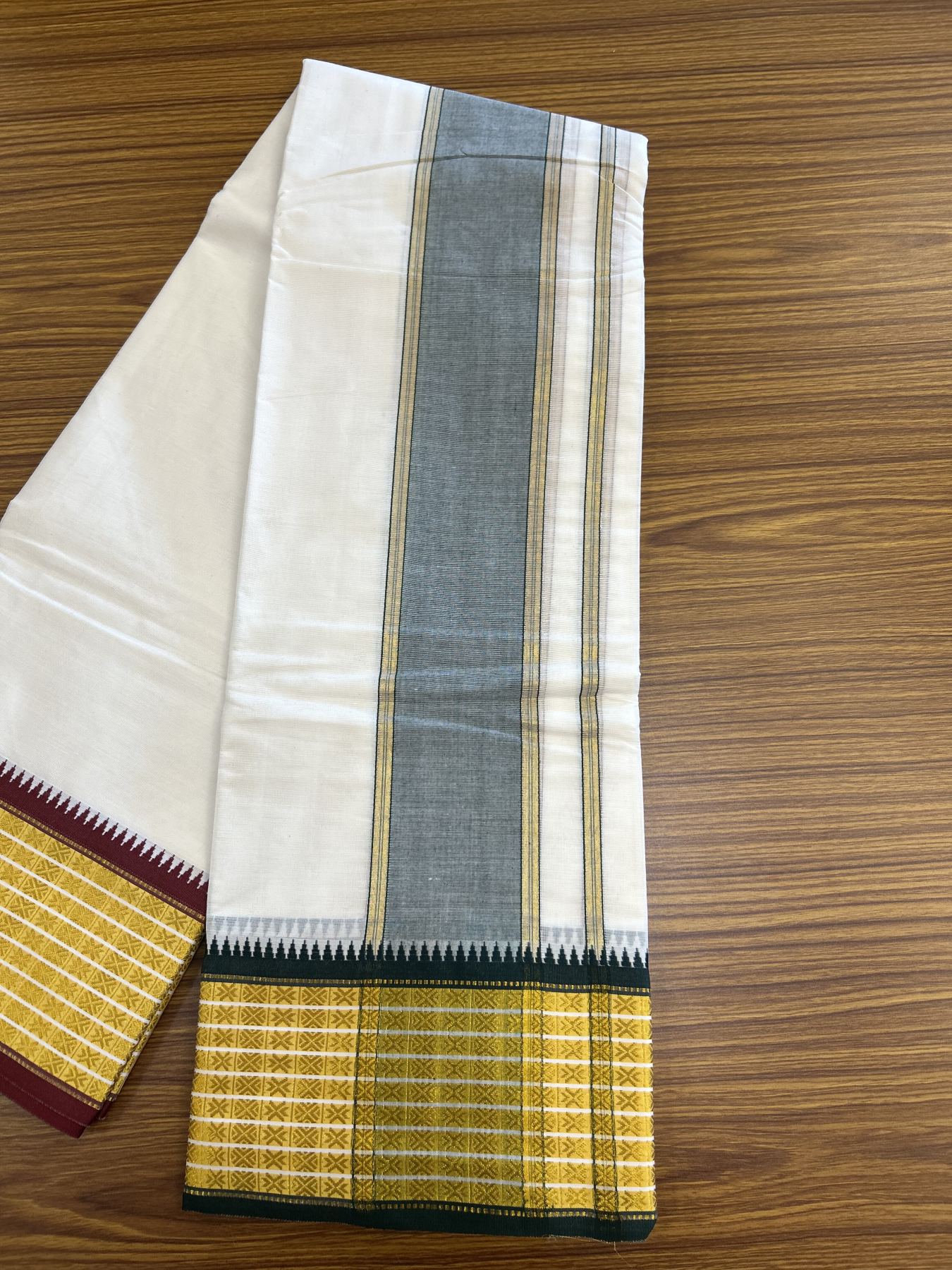 Panchakacham Dhoti - 20% Discount! KaithariKada Mixed Cotton Off White - (Unbleached) 80X90 thread - North Indian- Attached Gamcha - 9x5 Dhoti - 3.5 inch Green Gold Kasav Kara With Green ,Maroon & Gold Kasav Design border - 2 KK8305 PMC