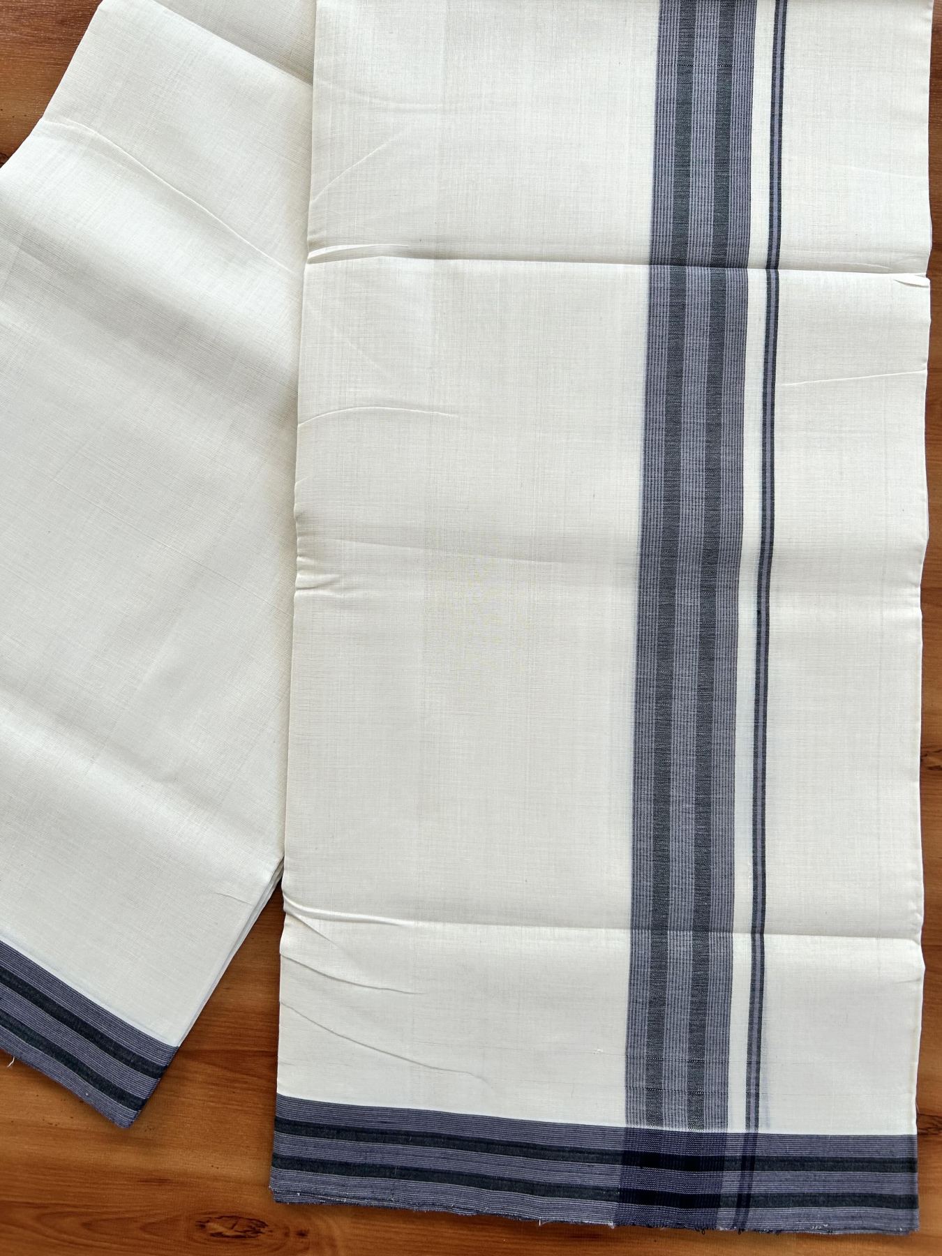 Double Off White (Unbleached) Mundu/Dhoti - 25% Discount! KaithariKada Handloom Unakkupaav - Kerala Handloom - Pure Cotton - 80x90 - 1.25 Inch Lavender & Black Shaded Striped Kara 4 mtr (8.5 Muzham) - 3 KK5439 YAR