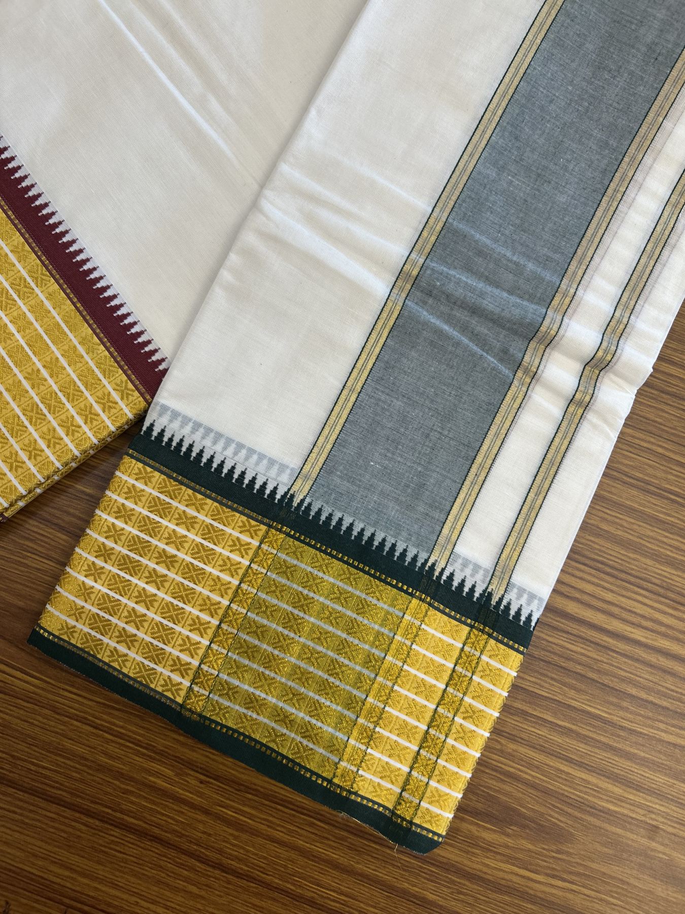 Panchakacham Dhoti - 20% Discount! KaithariKada Mixed Cotton Off White - (Unbleached) 80X90 thread - North Indian- Attached Gamcha - 9x5 Dhoti - 3.5 inch Green Gold Kasav Kara With Green ,Maroon & Gold Kasav Design border - 2 KK8305 PMC