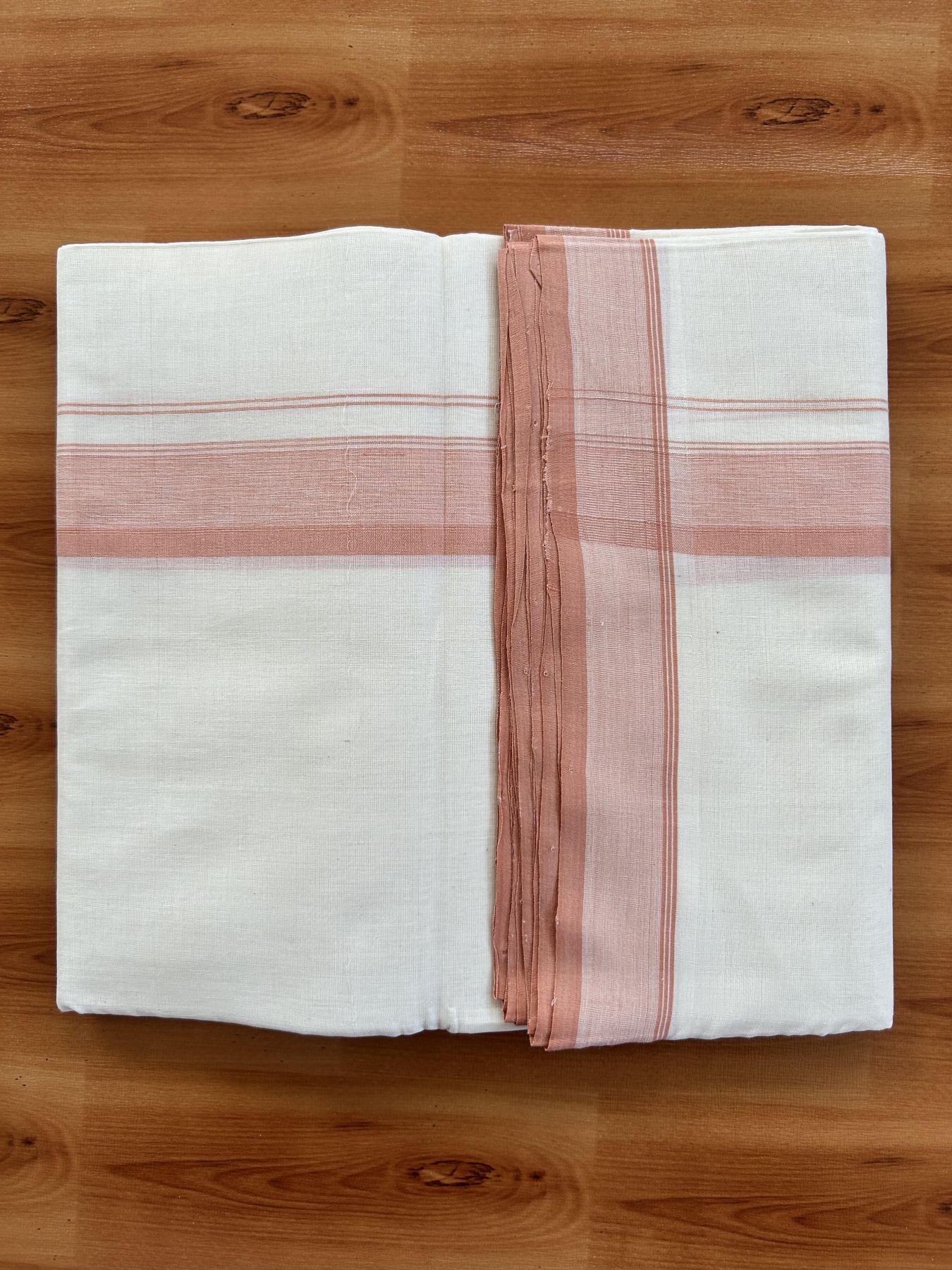 Double Off White (Unbleached) Mundu/Dhoti - 25% Discount! KaithariKada Handloom Unakkupaav - Kerala Handloom - Pure Cotton - 80x90 - 1.25 Inch Peach Orange Shaded Striped Kara 4 mtr (8.5 Muzham) - 2 KK5439 YAR