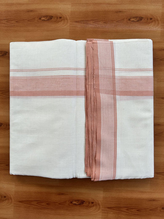 Double Off White (Unbleached) Mundu/Dhoti - 25% Discount! KaithariKada Handloom Unakkupaav - Kerala Handloom - Pure Cotton - 80x90 - 1.25 Inch Peach Orange Shaded Striped Kara 4 mtr (8.5 Muzham) - 2 KK5439 YAR