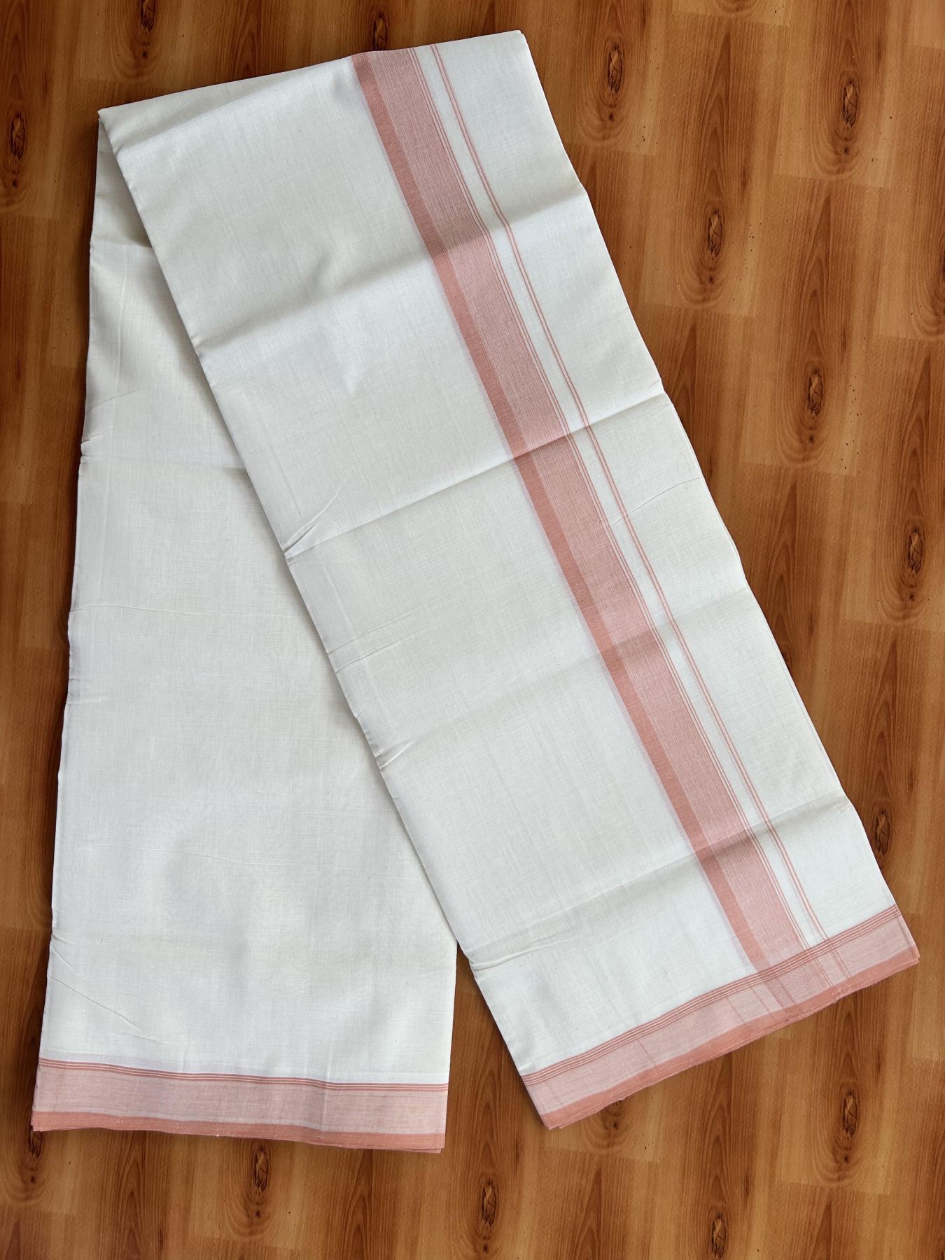 Double Off White (Unbleached) Mundu/Dhoti - 25% Discount! KaithariKada Handloom Unakkupaav - Kerala Handloom - Pure Cotton - 80x90 - 1.25 Inch Peach Orange Shaded Striped Kara 4 mtr (8.5 Muzham) - 2 KK5439 YAR
