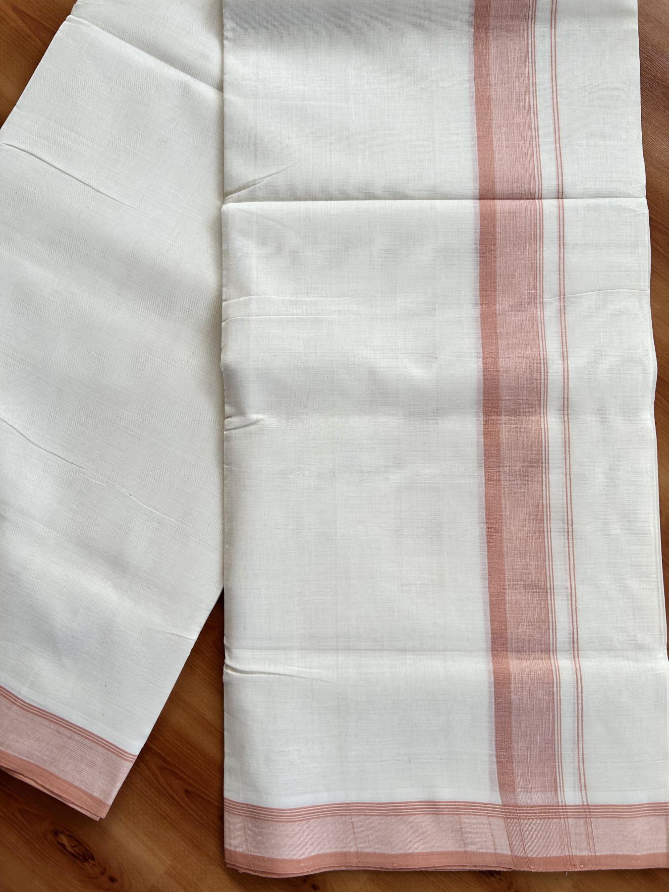Double Off White (Unbleached) Mundu/Dhoti - 25% Discount! KaithariKada Handloom Unakkupaav - Kerala Handloom - Pure Cotton - 80x90 - 1.25 Inch Peach Orange Shaded Striped Kara 4 mtr (8.5 Muzham) - 2 KK5439 YAR
