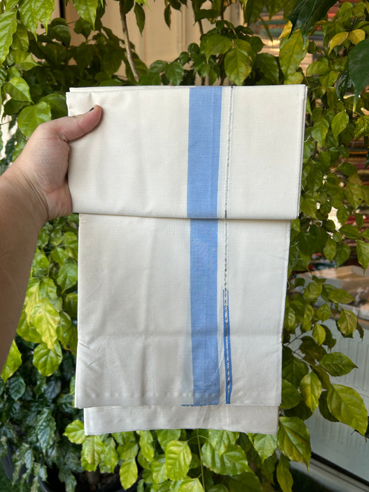 20% Discount!! KaithariKada Balaramapuram 100% Cotton Single Off White - (Unbleached) Mundu/Dhoti - Twisted 100s Thread - 1.25 inch Puliyilakkara Silver Kasav & Blue Chutty Kara(2 meter / 4 muzham) - 5 KK5378 ASH