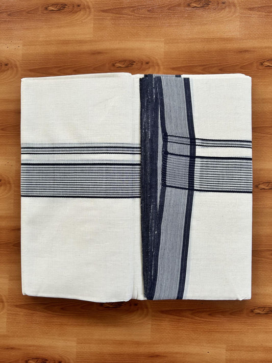 Double Off White (Unbleached) Mundu/Dhoti - 25% Discount! KaithariKada Handloom Unakkupaav - Kerala Handloom - Pure Cotton - 80x90 - 1.25 Inch Navy Blue Shaded Striped Kara 4 mtr (8.5 Muzham) - 7 KK5439 YAR