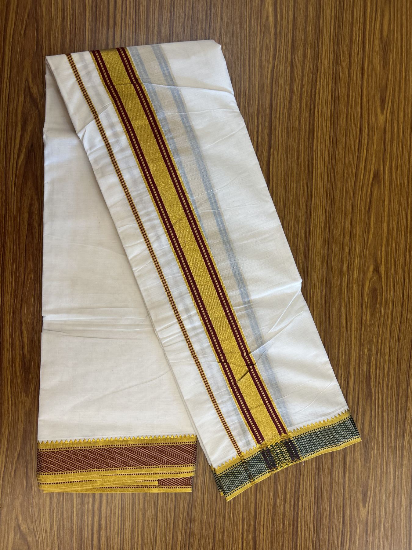 Panchakacham Dhoti - 20% Discount! KaithariKada Mixed Cotton Off White - (Unbleached) 80X90 thread - North Indian - Attached Gamcha - 9x5 Dhoti - 2 inch Maroon Gold Kasav Kara With Green ,Maroon & Gold Kasav Design border - 3 KK8305 PMC