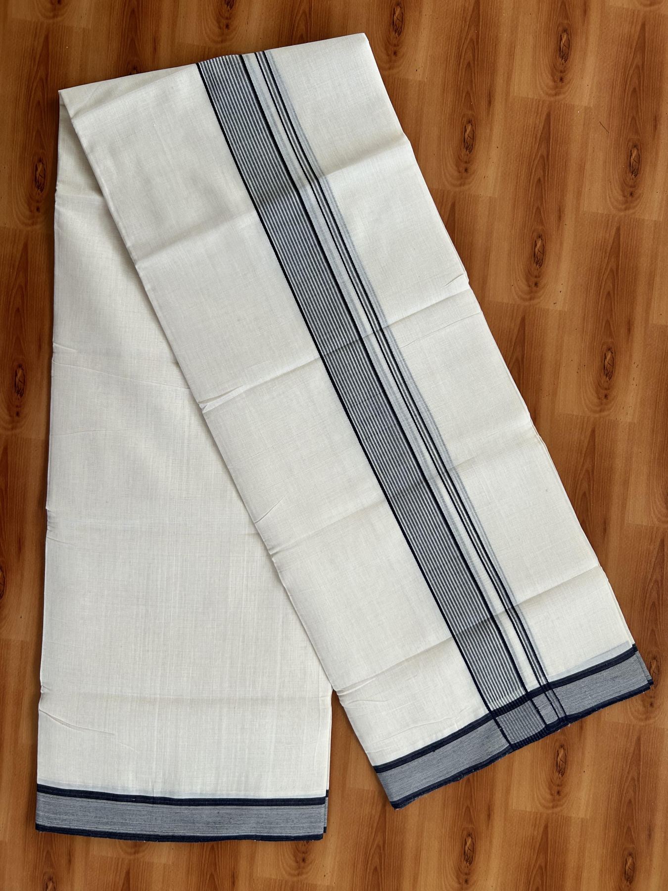 Double Off White (Unbleached) Mundu/Dhoti - 25% Discount! KaithariKada Handloom Unakkupaav - Kerala Handloom - Pure Cotton - 80x90 - 1.25 Inch Navy Blue Shaded Striped Kara 4 mtr (8.5 Muzham) - 7 KK5439 YAR