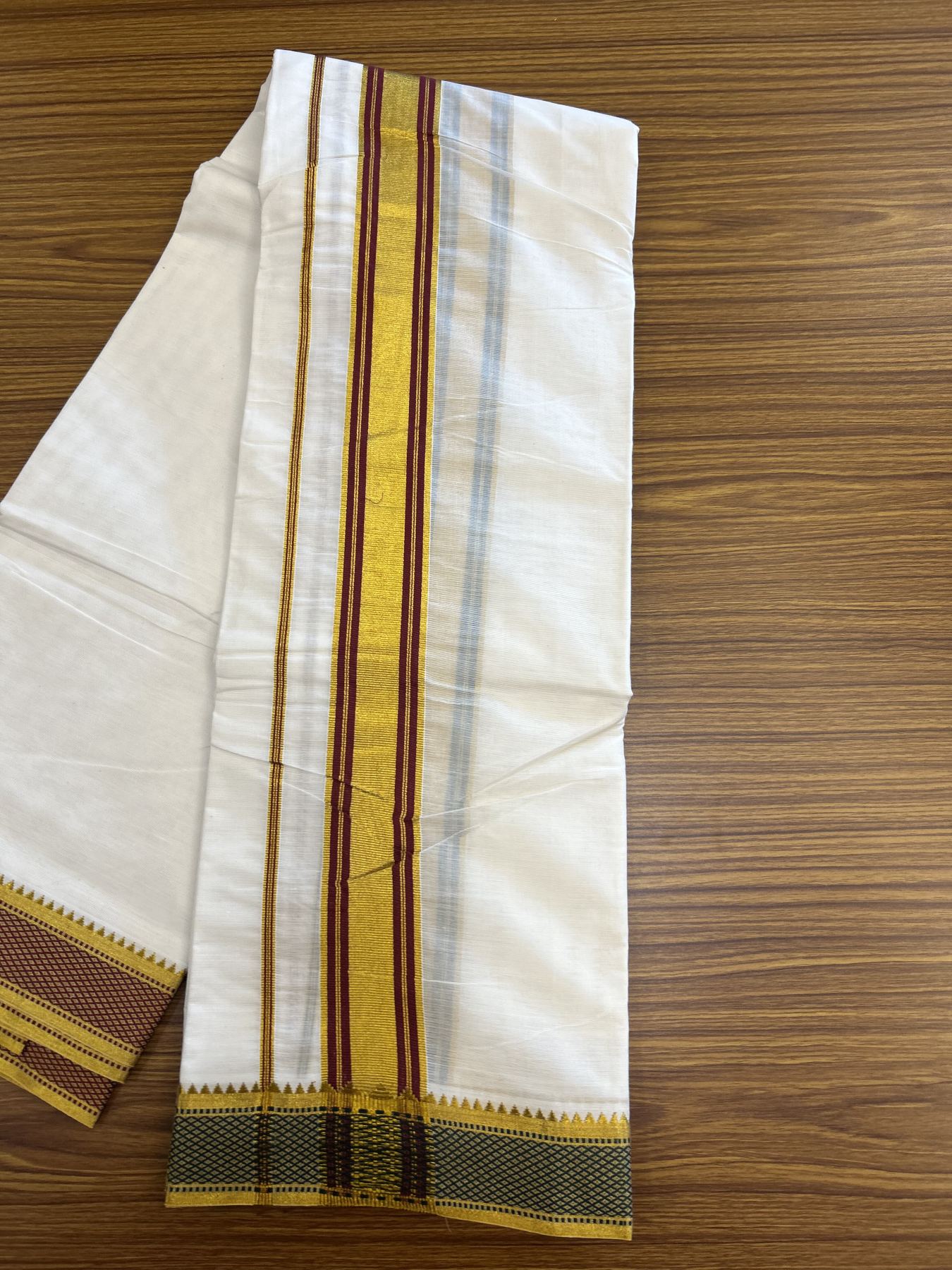 Panchakacham Dhoti - 20% Discount! KaithariKada Mixed Cotton Off White - (Unbleached) 80X90 thread - North Indian - Attached Gamcha - 9x5 Dhoti - 2 inch Maroon Gold Kasav Kara With Green ,Maroon & Gold Kasav Design border - 3 KK8305 PMC