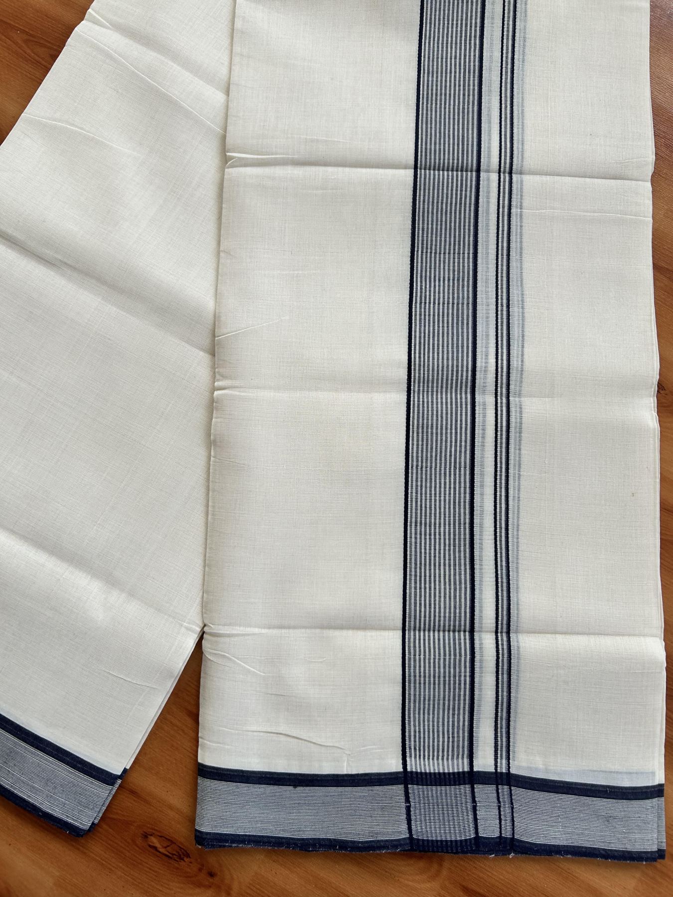 Double Off White (Unbleached) Mundu/Dhoti - 25% Discount! KaithariKada Handloom Unakkupaav - Kerala Handloom - Pure Cotton - 80x90 - 1.25 Inch Navy Blue Shaded Striped Kara 4 mtr (8.5 Muzham) - 7 KK5439 YAR