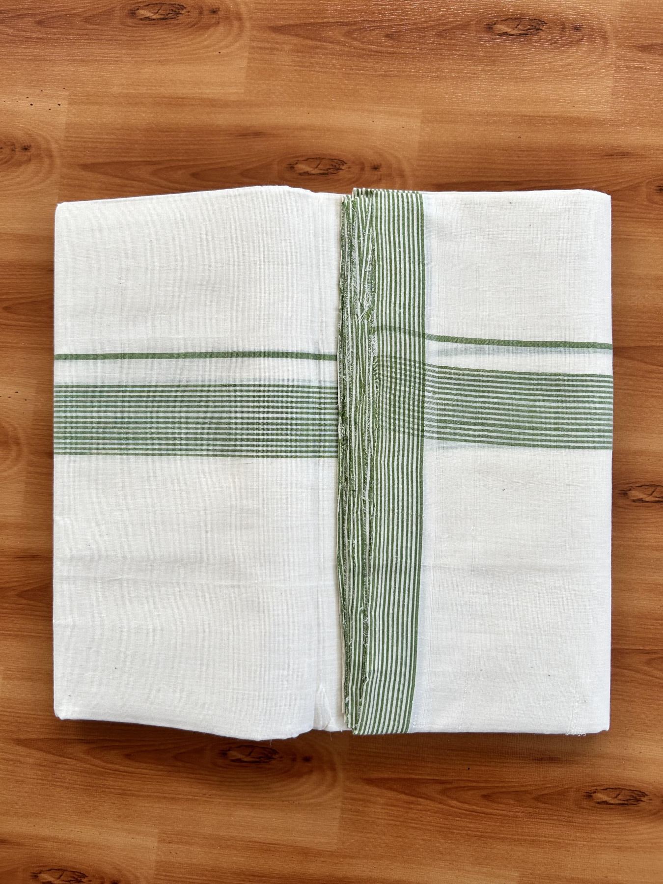 Double Off White (Unbleached) Mundu/Dhoti - 25% Discount! KaithariKada Handloom Unakkupaav - Kerala Handloom - Pure Cotton - 80x90 - 1.25 Inch Parrot Green Shaded Striped Kara 4 mtr (8.5 Muzham) - 6 KK5439 YAR