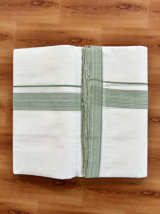 Double Off White (Unbleached) Mundu/Dhoti - 25% Discount! KaithariKada Handloom Unakkupaav - Kerala Handloom - Pure Cotton - 80x90 - 1.25 Inch Parrot Green Shaded Striped Kara 4 mtr (8.5 Muzham) - 6 KK5439 YAR