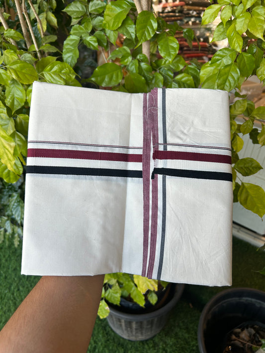Admk Veshti - 20% Discount KaithariKada 100% Cotton Off White Single - (Unbleached) Mundu/Dhoti - Twisted 100s Thread - 1.25 inch Black White & Maroon kara - 12 KK5378 ASH