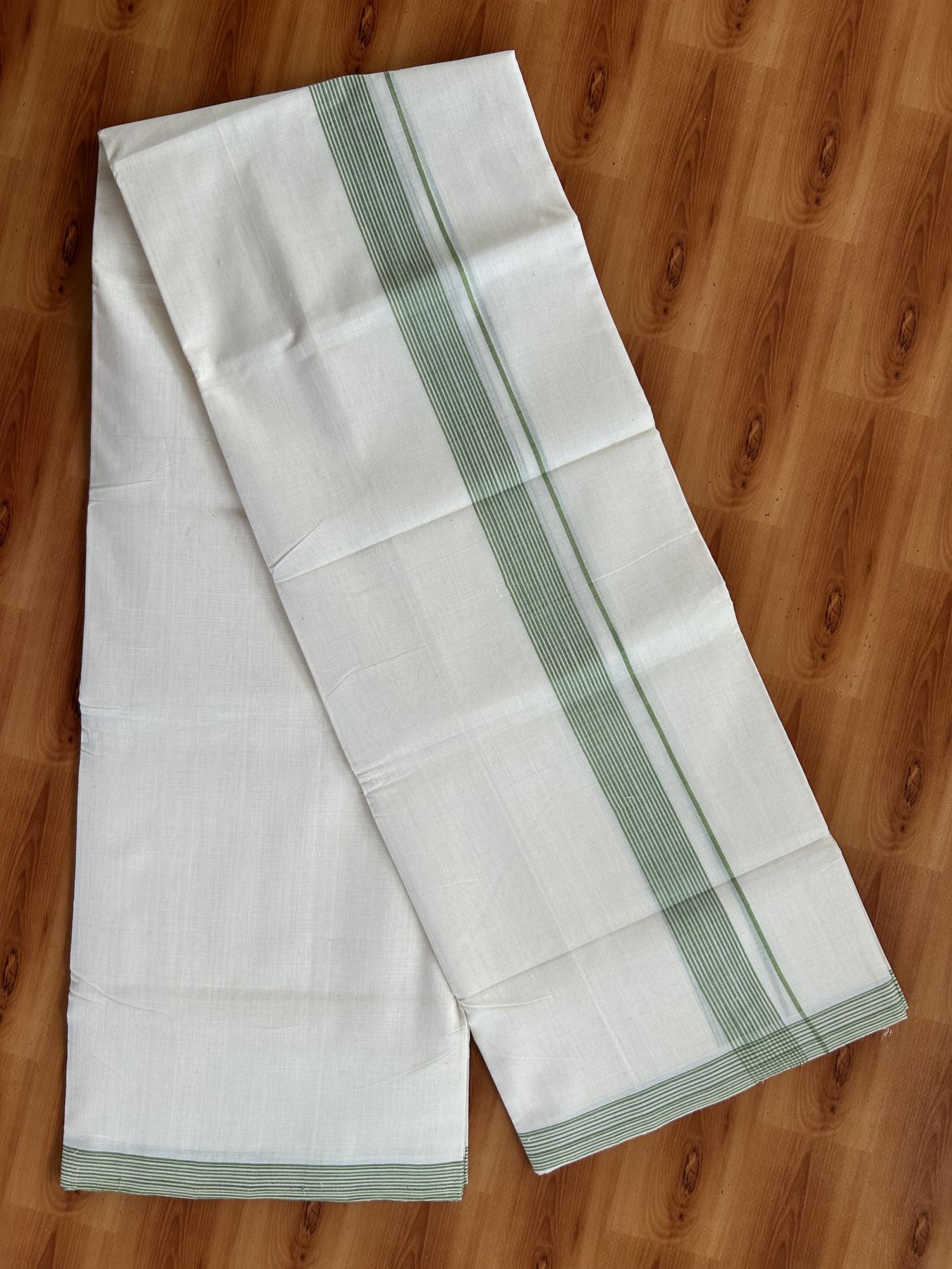 Double Off White (Unbleached) Mundu/Dhoti - 25% Discount! KaithariKada Handloom Unakkupaav - Kerala Handloom - Pure Cotton - 80x90 - 1.25 Inch Parrot Green Shaded Striped Kara 4 mtr (8.5 Muzham) - 6 KK5439 YAR