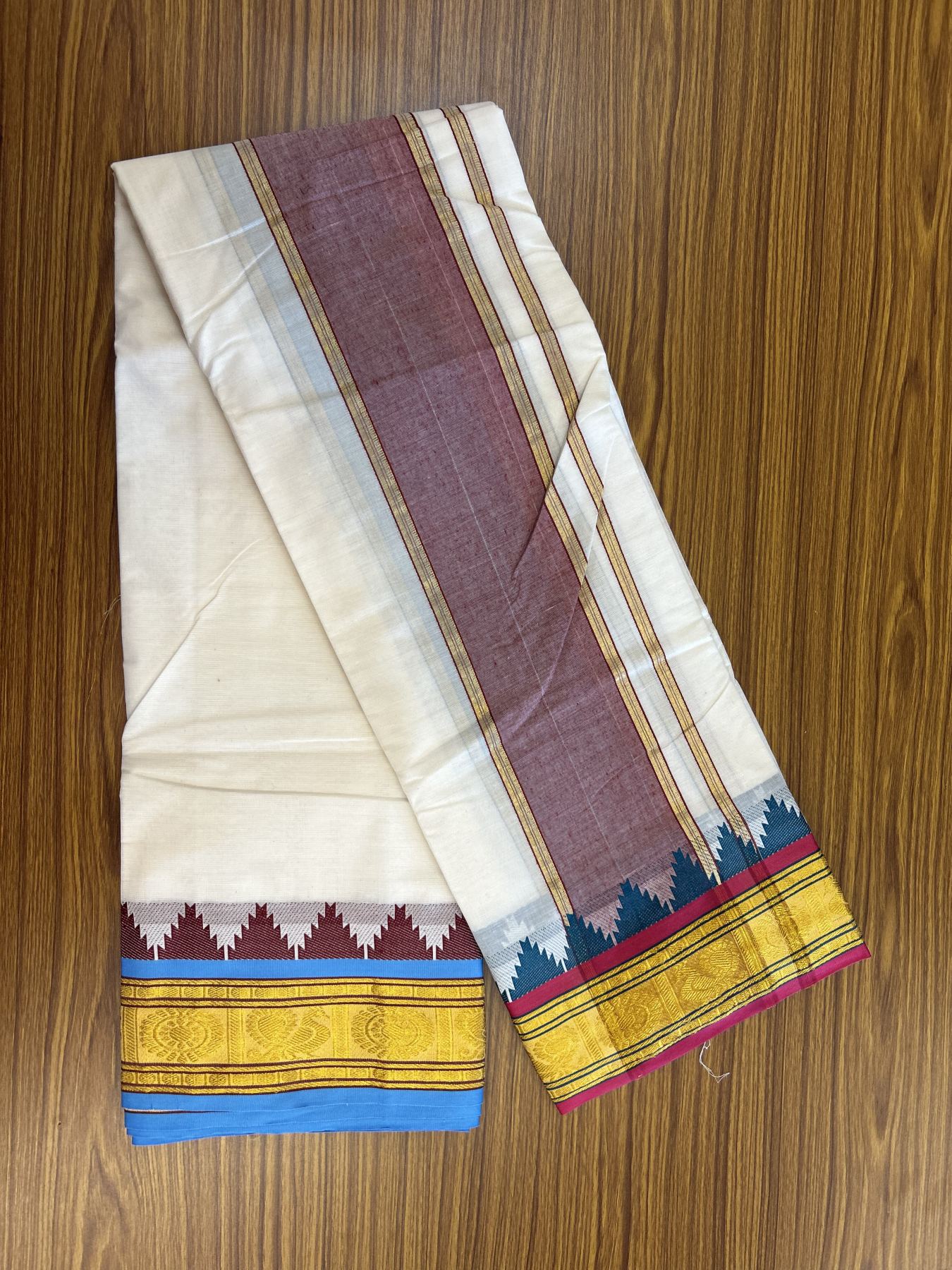 Panchakacham Dhoti - 20% Discount! KaithariKada Mixed Cotton Off White - (Unbleached) 80X90 thread - North Indian - Attached Gamcha 9x5 Dhoti - 4 inch Maroon Gold Kasav Kara  - 4 KK8305 PMC
