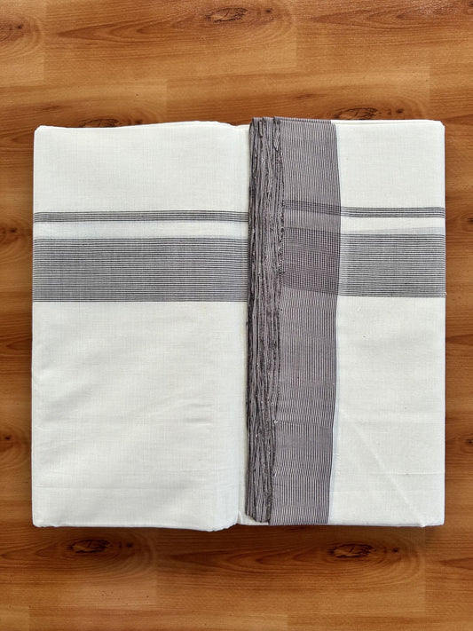 Double Off White (Unbleached) Mundu/Dhoti - 25% Discount! KaithariKada Handloom Unakkupaav - Kerala Handloom - Pure Cotton - 80x90 - 1.25 Inch Peach & Brown Striped Kara 4 mtr (8.5 Muzham) - 8 KK5439 YAR