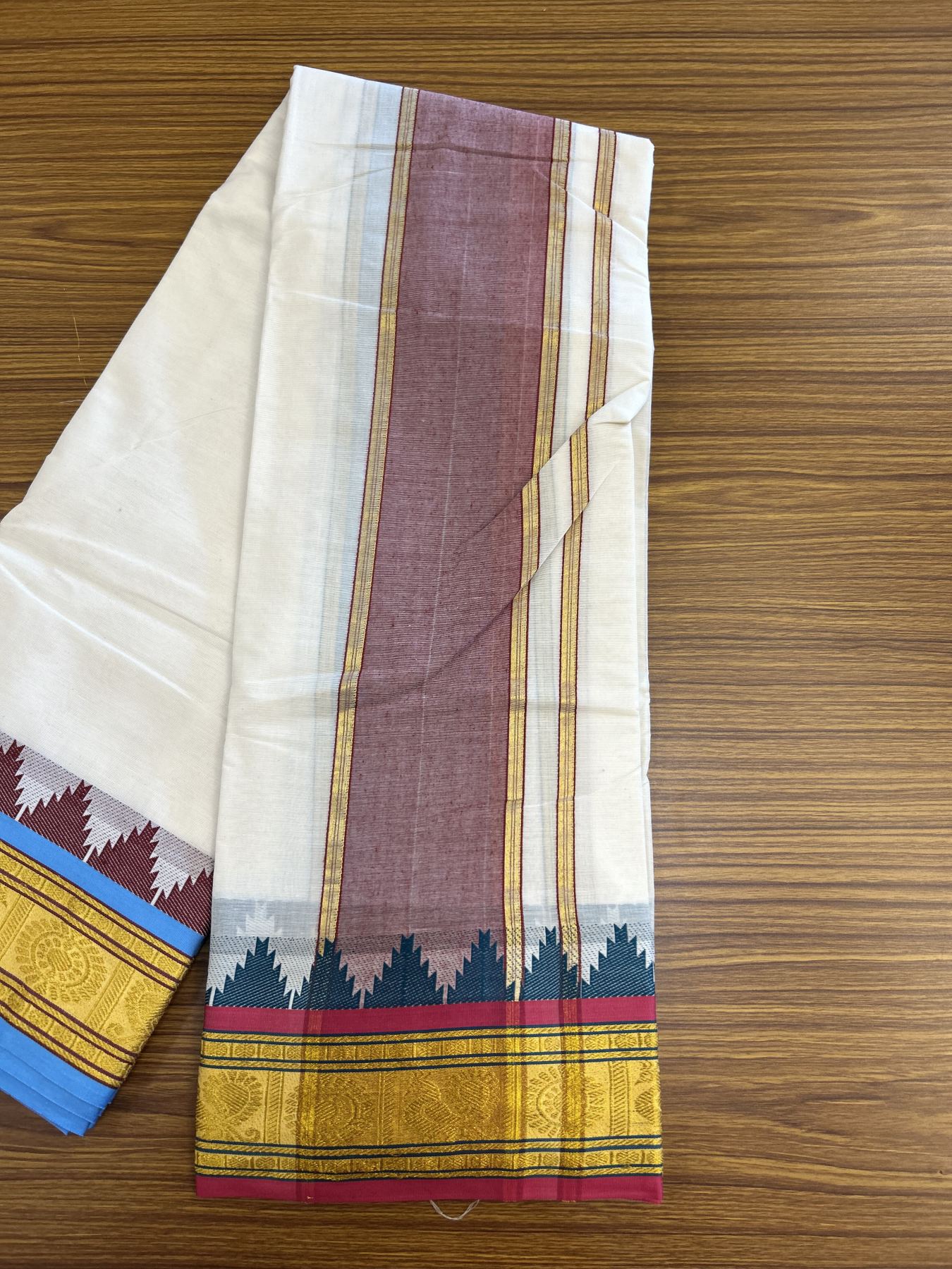 Panchakacham Dhoti - 20% Discount! KaithariKada Mixed Cotton Off White - (Unbleached) 80X90 thread - North Indian - Attached Gamcha 9x5 Dhoti - 4 inch Maroon Gold Kasav Kara  - 4 KK8305 PMC
