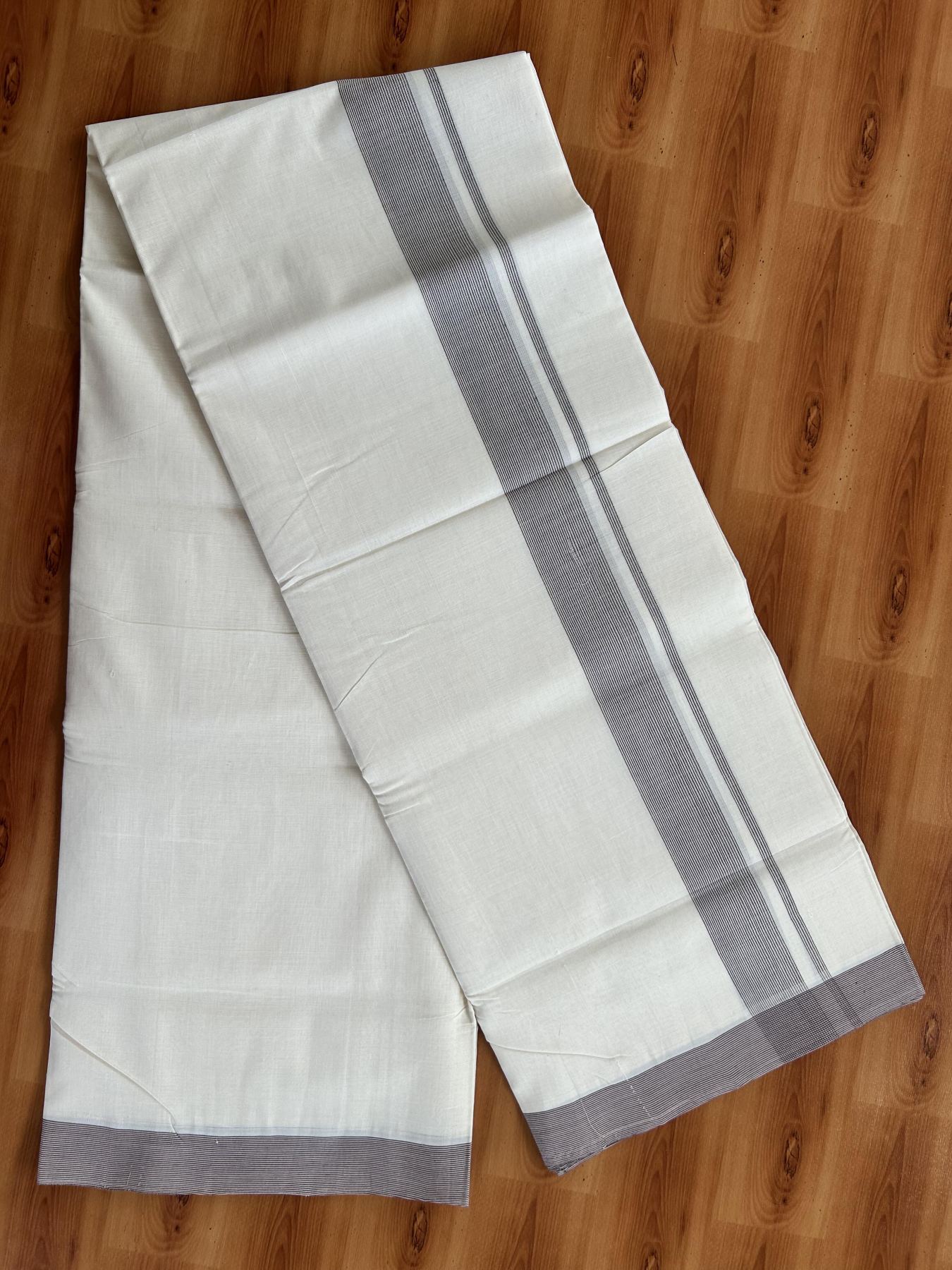 Double Off White (Unbleached) Mundu/Dhoti - 25% Discount! KaithariKada Handloom Unakkupaav - Kerala Handloom - Pure Cotton - 80x90 - 1.25 Inch Peach & Brown Striped Kara 4 mtr (8.5 Muzham) - 8 KK5439 YAR